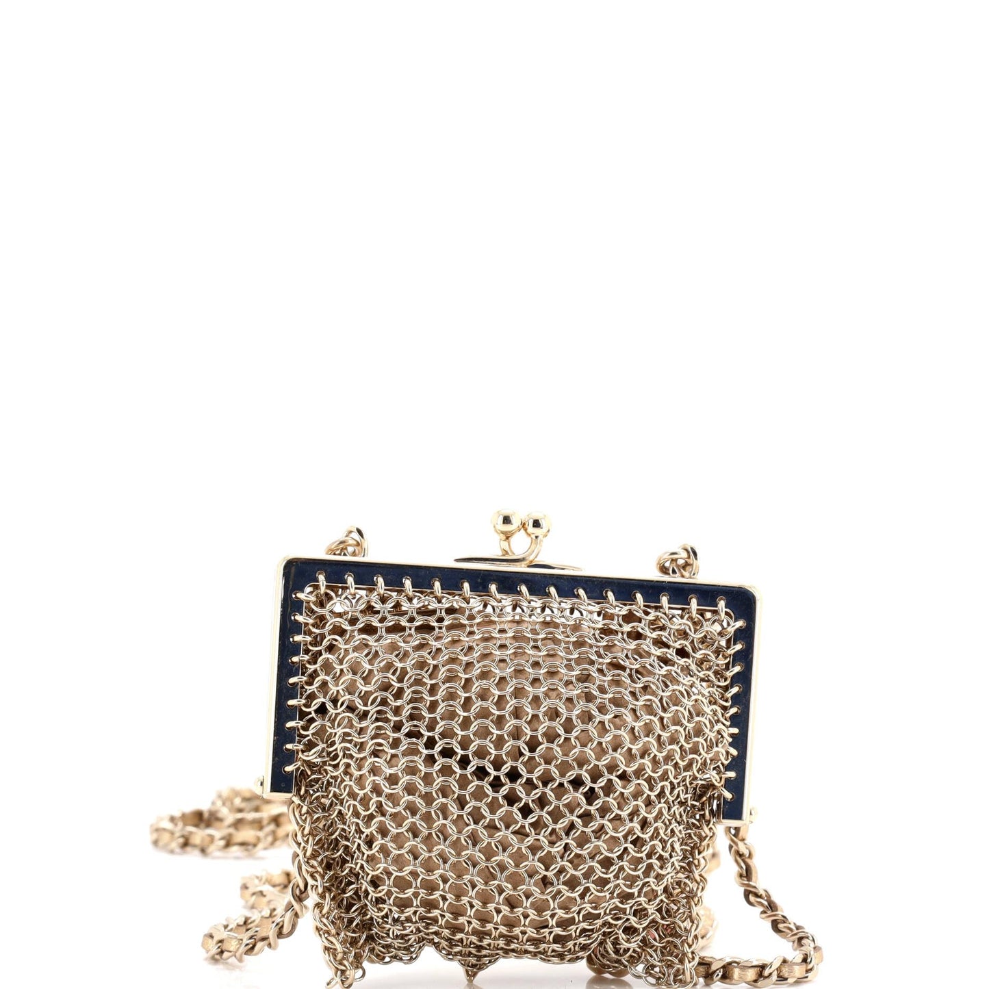 Chanel, Pre-Loved CC Charm Kisslock Frame Clutch with Chain Embellished Metal Mesh Mini, Gold