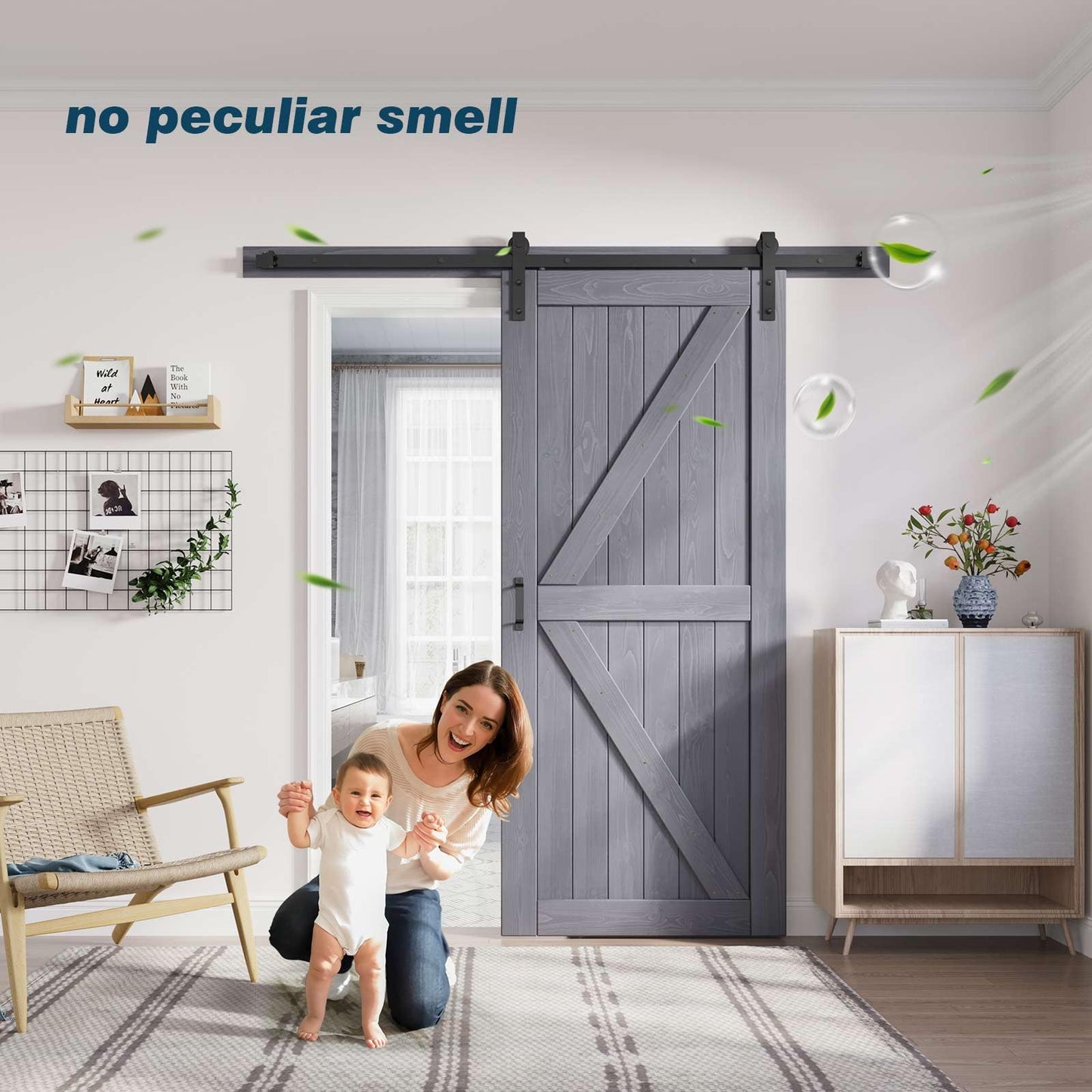 FREDBECK 36in x 84in Gray Barn Door Slab with 6.6ft (79inch) Barn Door Hardware Track Kit and Handle Floor Guide Included, Double Surfaces,Simple Assembly is Required,K-Frame,Grey