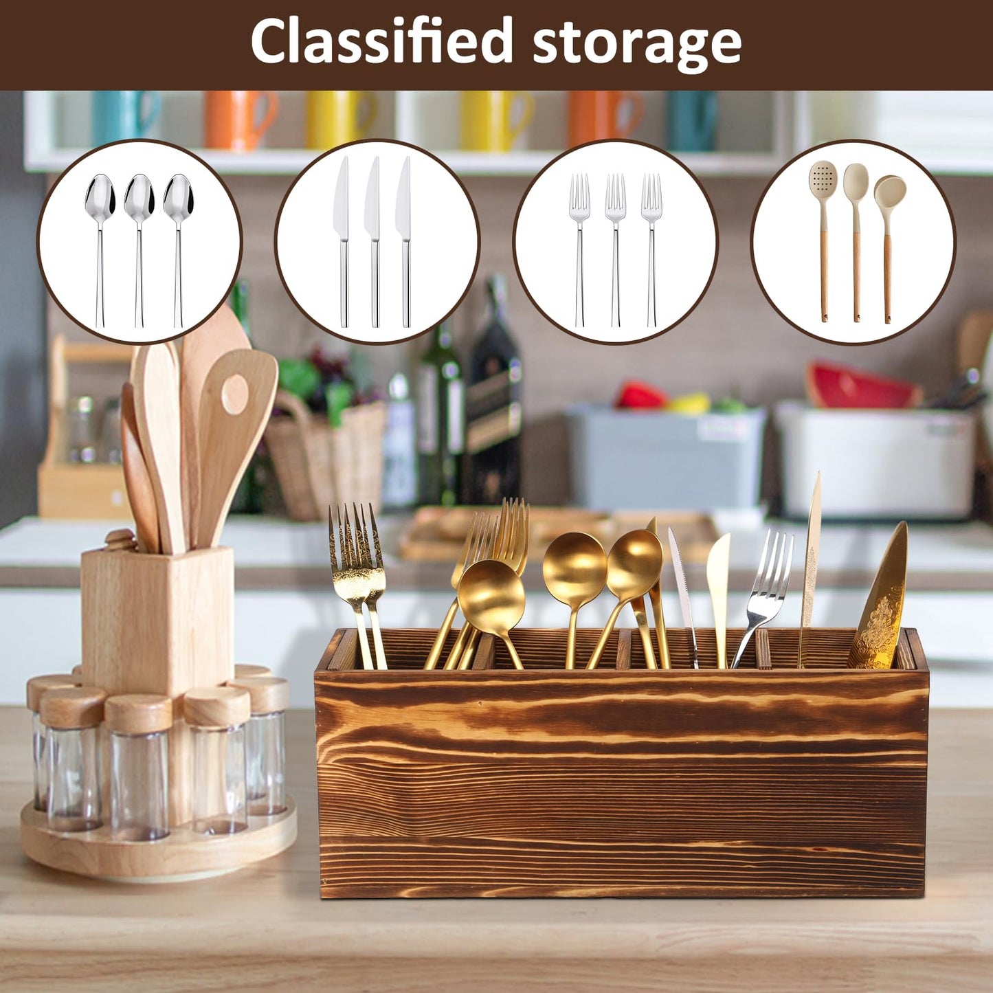 Tcwhniev Utensil Holder 4 Compartments, Wood Silverware Caddy with Removable Divider Reusable Utensil Caddy for Home Kitchen Countertop Party