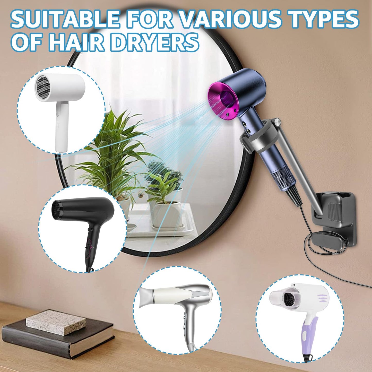 bigjvbfv Wall Mounted Hair Dryer Holder Blower Dryer Storage Rack Adjustable Hook Rack Space Saving Multipurpose Organizer Drill for Bathroom Curling Iron Hair Straightener