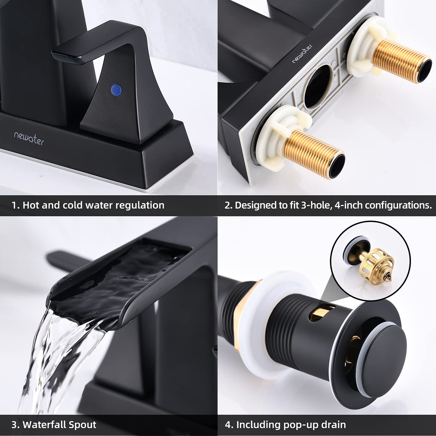 Waterfall Bathroom Faucets for Sink 2-3 Hole, NEWATER 4 inch Matte Black Bathroom Sink Faucet with Metal Pop-up Drain and 2 Supply Hoses，2-Handle Centerset Vanity Faucet for Sink