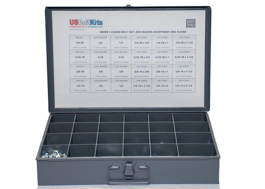 1250 Piece Grade 5 Nut Bolt Washer Drawer Assortment, Hex Head Cap Screws, Flat and Lock Washers, Hex Nuts, Coarse Thread USS Kit
