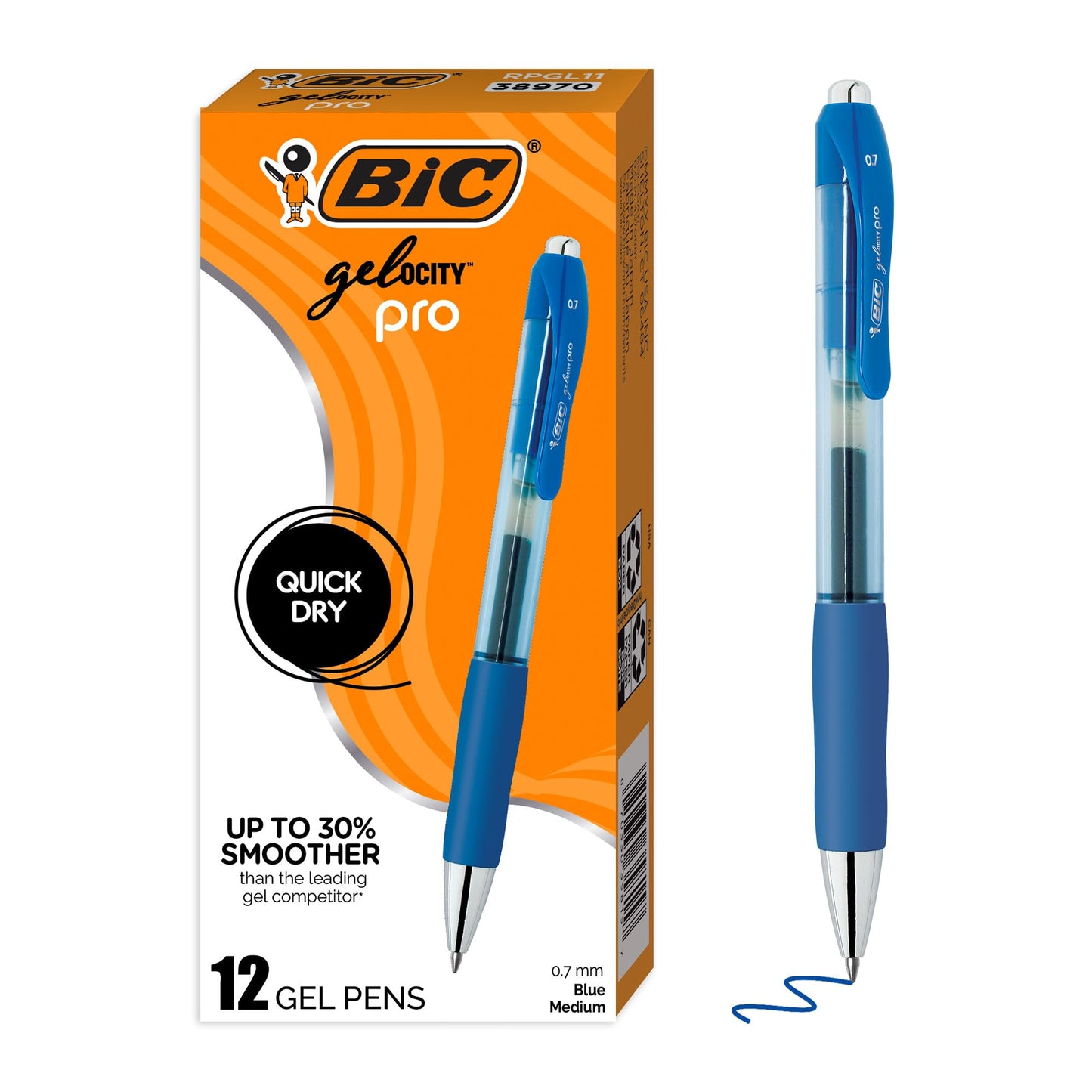 BIC Gelocity Pro Gel Pen with 0.7 mm Medium Point and Smear-Resistant Ink, 12-Count in Blue Ink