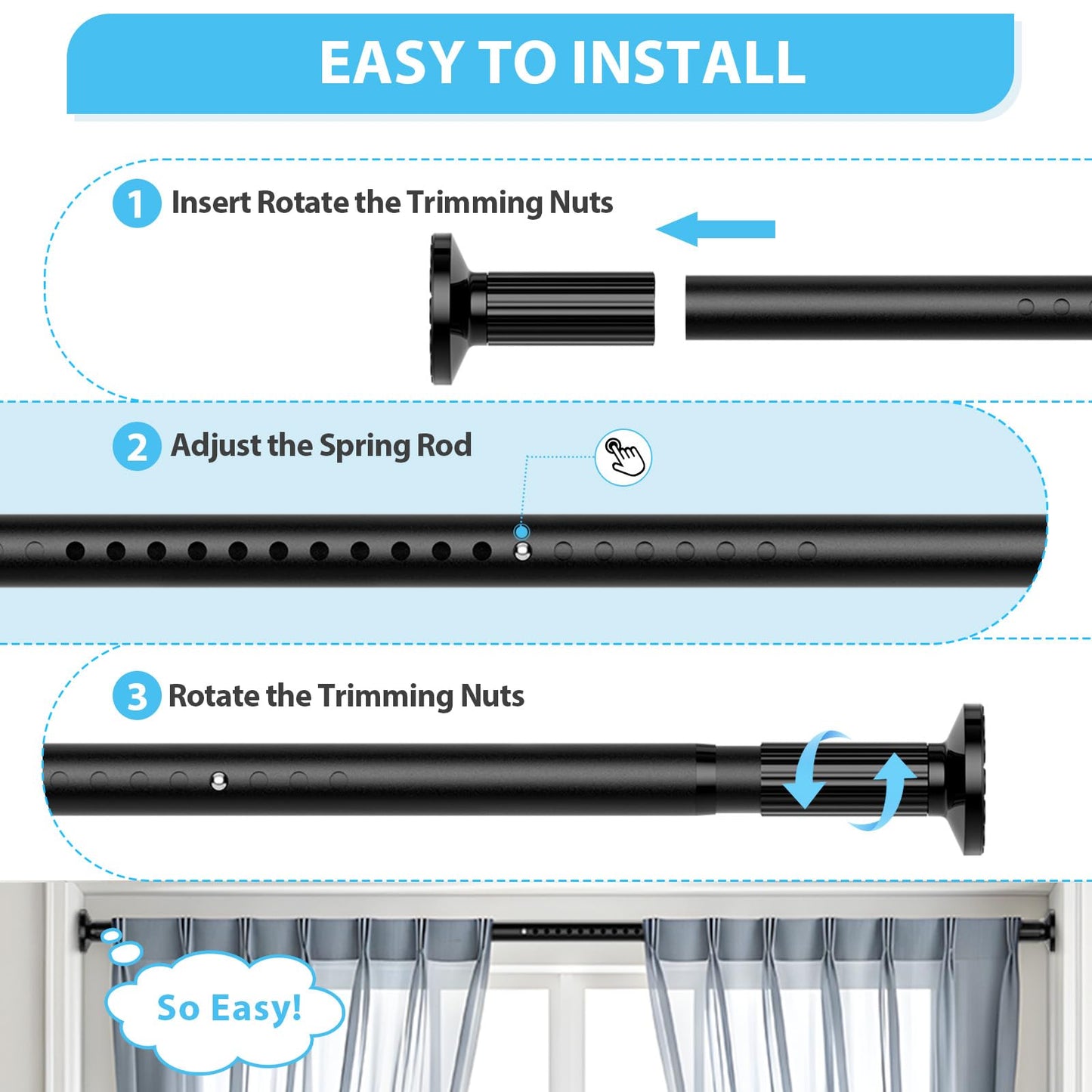 shower Curtain Rod 37-50 Inch,curtain rod No Drilling for Window or Bathroom, Outdoor Curtain Rods for Patio black Tension curtain Rod, Easy to Install, Never Rust, Rod Diameter 1.26 Inches