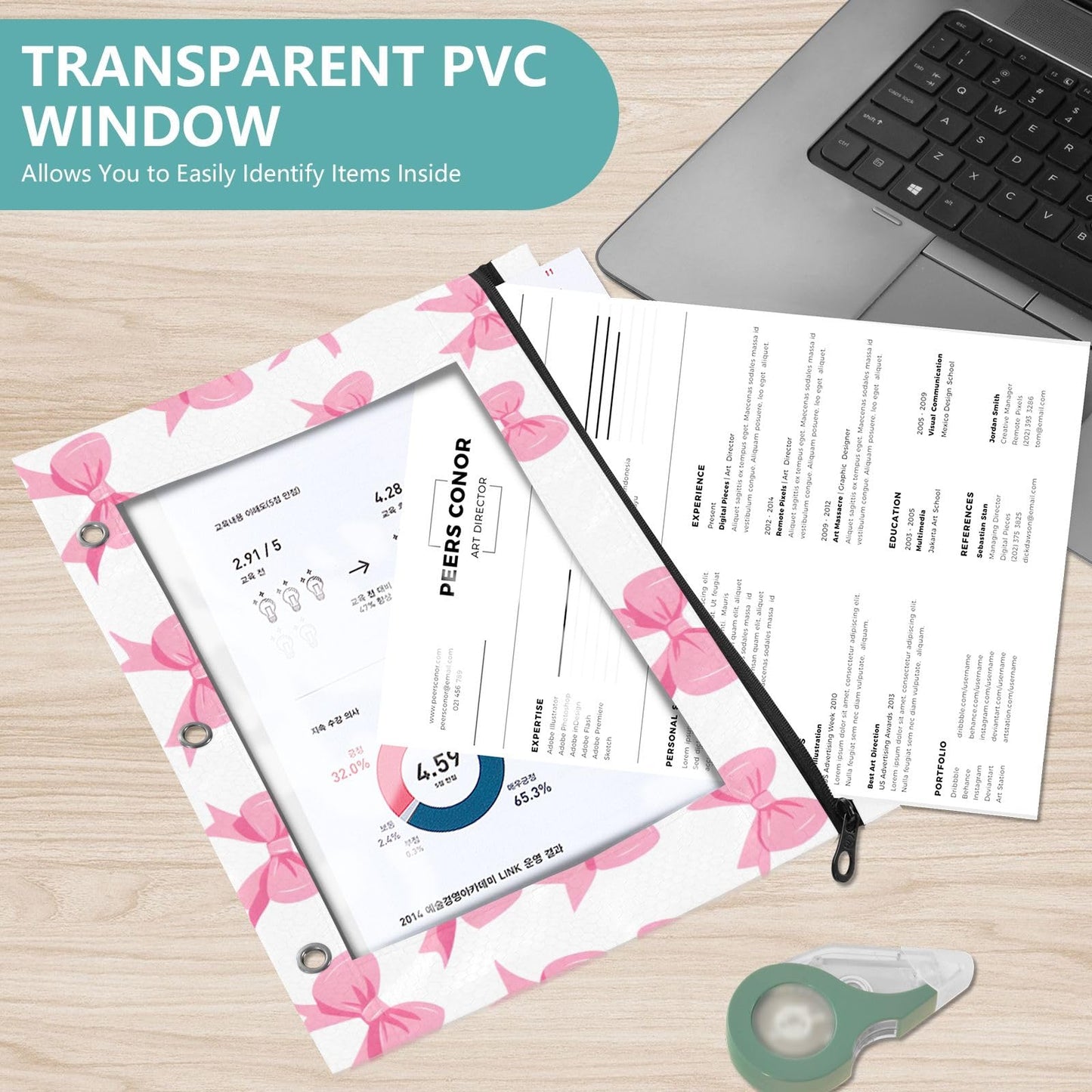 PIMILAGU Pink Bow White Background Pencil Pouch for 3 Ring Binder, Binder Pencil Pouches with Clear Window Zipper Pencil Case Bag for School Office Supplies, 2PCS