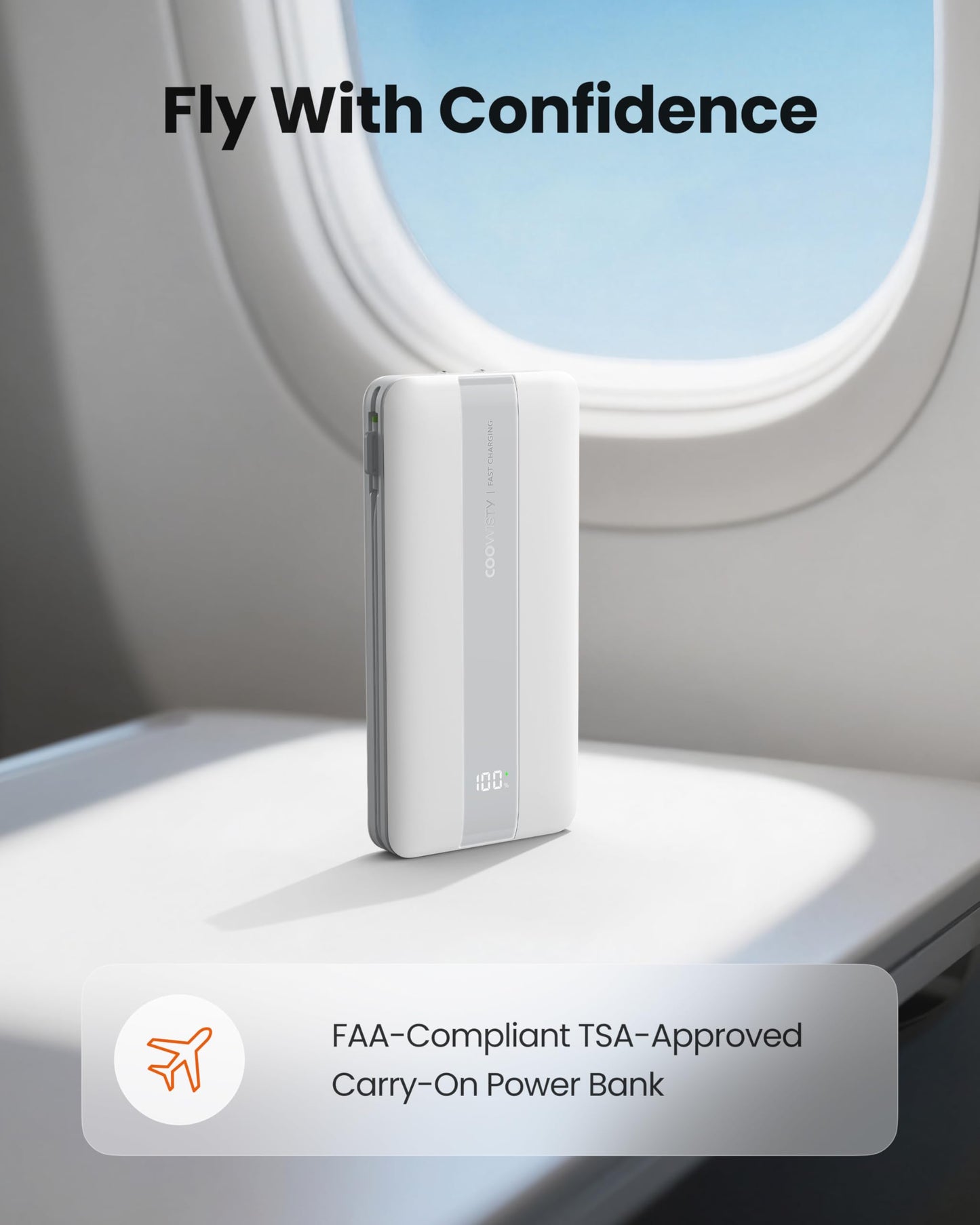 Portable Charger with Foldable AC Wall Plug, Slim 10500mAh 22.5W Fast Charging Power Bank Built-in Cables, 4 Outputs 3 Inputs LED Display External Battery Pack Compatible with iPhone/Android (White)