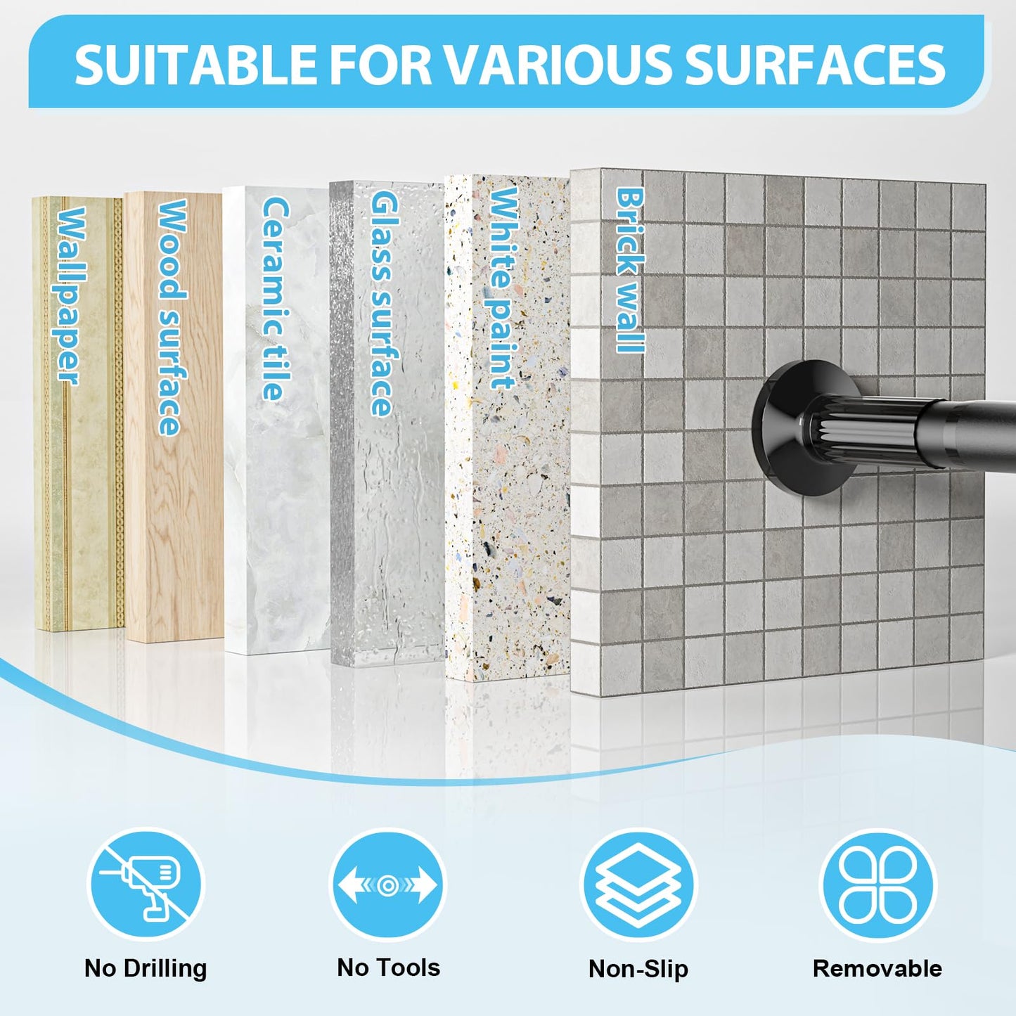 shower Curtain Rod 37-50 Inch,curtain rod No Drilling for Window or Bathroom, Outdoor Curtain Rods for Patio black Tension curtain Rod, Easy to Install, Never Rust, Rod Diameter 1.26 Inches