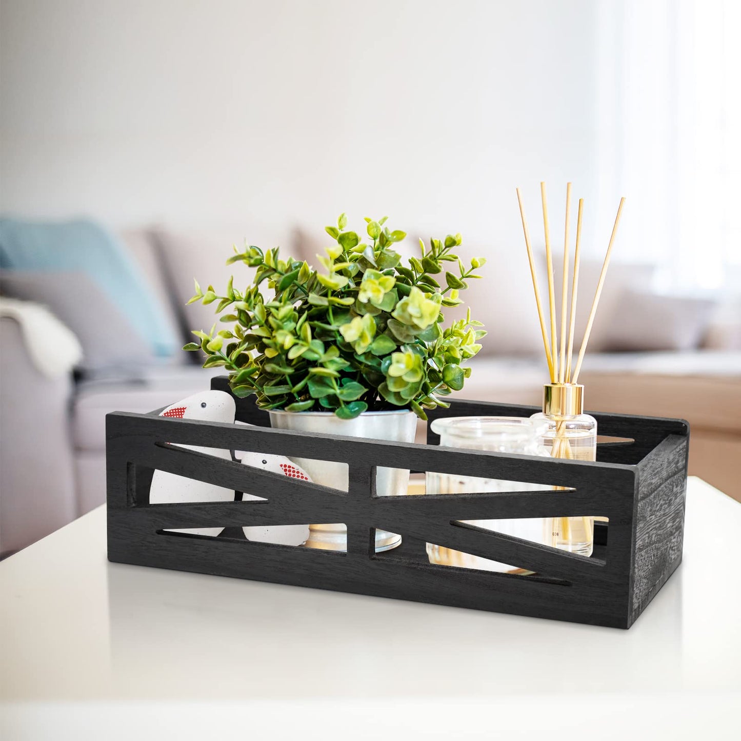 Wooden Bathroom Decor Box, Rustic Toilet Tank Holder, Farmhouse Toilet Paper Organizer Holder Storage Box Perfect for Living Room, Table Counter and Kitchen (Black)