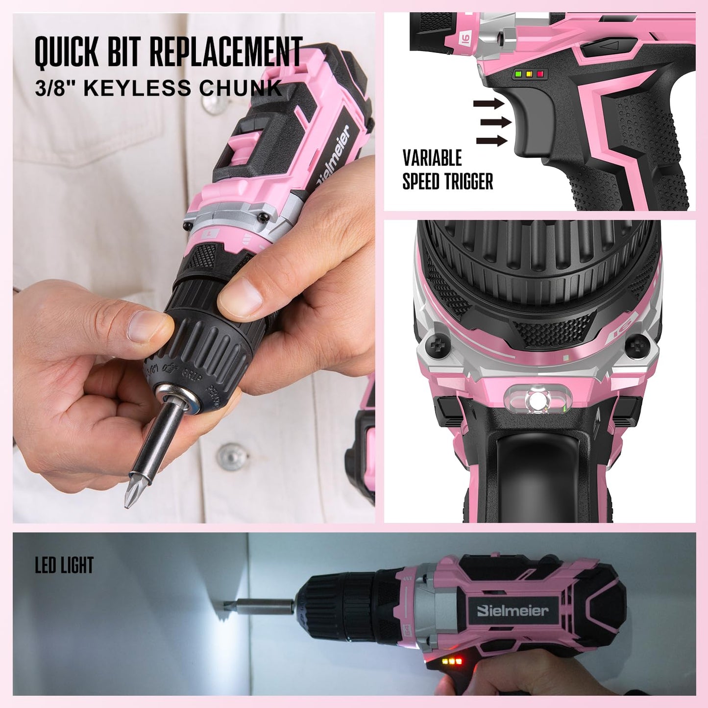 Bielmeier 20V 236Pcs Cordless Pink Drill Set - Essential Women's Pink Tool Set, Lady's Basic Home Tool Kit with Pink Tool Bag - All in One Pink Tool Kit Ideal for DIY, Home Improvement