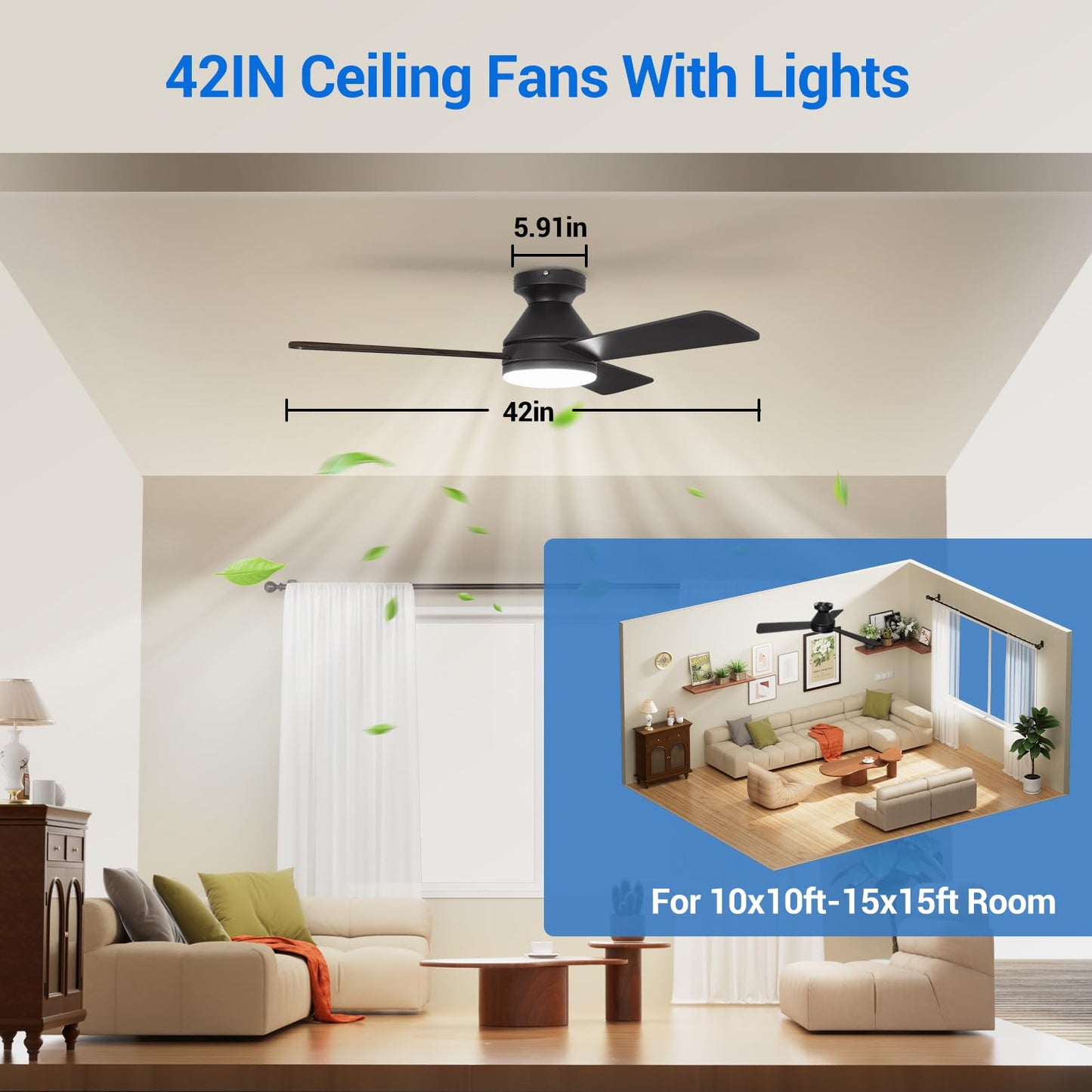 Dgguo Ceiling Fans with Lights, 42 Inch Low Profile Ceiling Fan with Light and Remote Control, Reversible, LED Dimmable for Bedroom Living Room Indoor/Outdoor Patio Use
