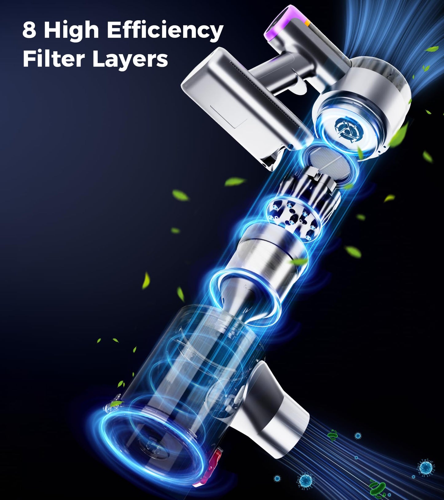 Cordless Vacuum Cleaner, 500W 40Kpa 60Mins Vacuum Cleaners for Home, Anti-tangle Stick Vacuum with Self-Standing, Wall Mount Charging, LED Display, 8-in-1 Wireless Vacuum for Carpet Pet Hair Hardfloor