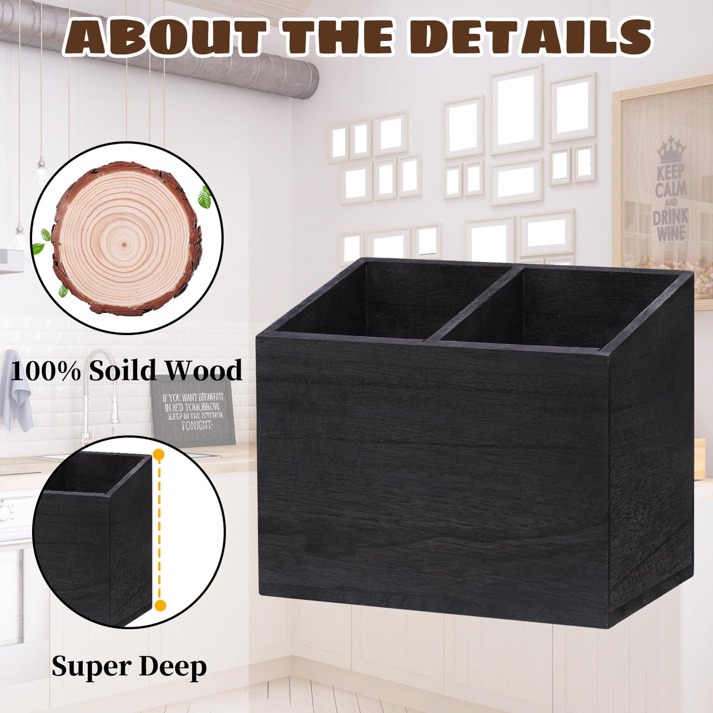 Wooden Kitchen Utensil Caddy With 2 Compartments, Rustic Utensil Holder for Kitchen Countertop, Wood Utensil Crock Organizer Box for Farmhouse Kitchen Decor (black)