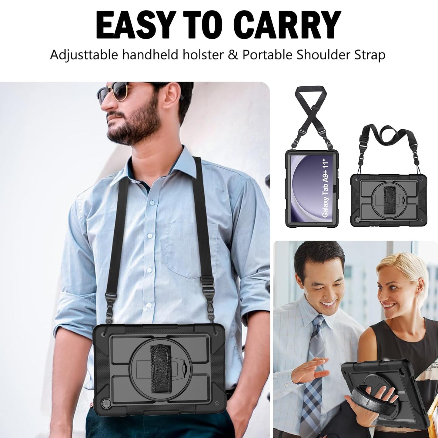 BMOUO for Samsung Galaxy Tab A9+ Plus Case 11" 2023 (SM-X210/X216/X218), Shockproof Galaxy Tab A9 Plus Case with Rotating Stand and Hand/Shoulder Strap, Black