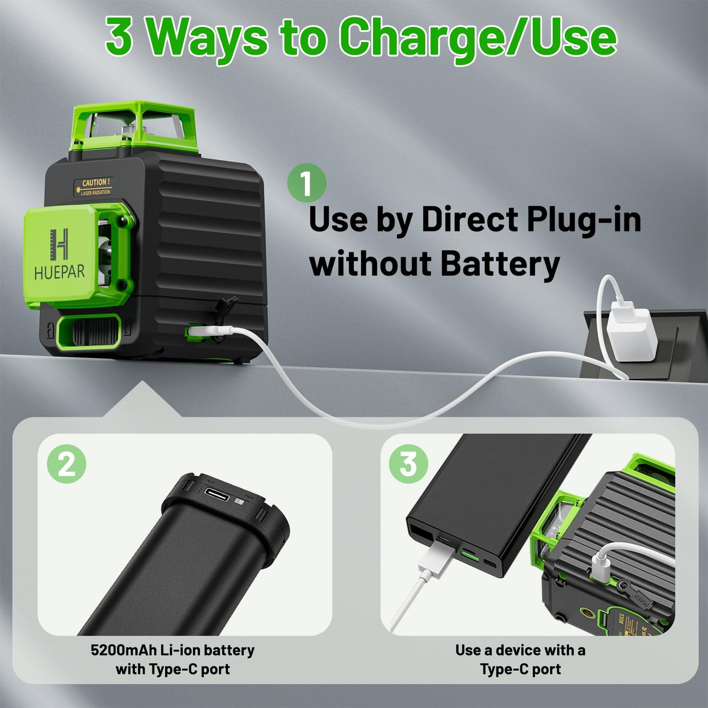 Laser Level 360 Self Leveling with 47" Tripod, Huepar 3x360° High Brightness Green Laser Leveler Tool for Construction, Tile and Picture Hanging, 5200 mAh Li-ion Battery & 2 Portable Bag Included