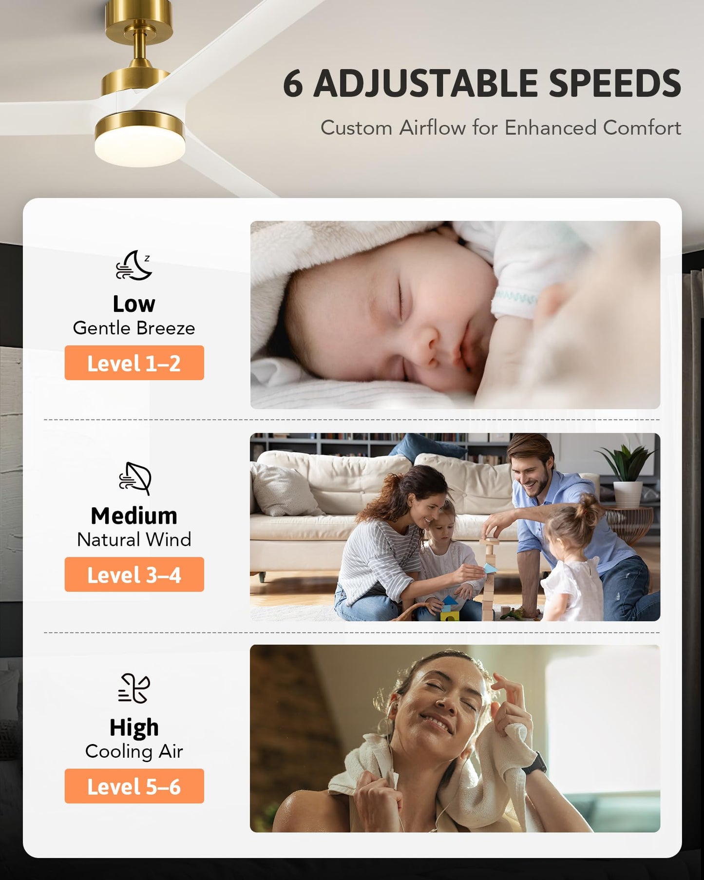 VONLUCE Ceiling Fans with Lights, 52 Inch Ceiling Fan and Remote, with 3 Blades 6-Speeds Noiseless Reversible DC Motor, Modern Ceiling Fan for Farmhouse Bedroom Patio Indoor Outdoor, White Gold