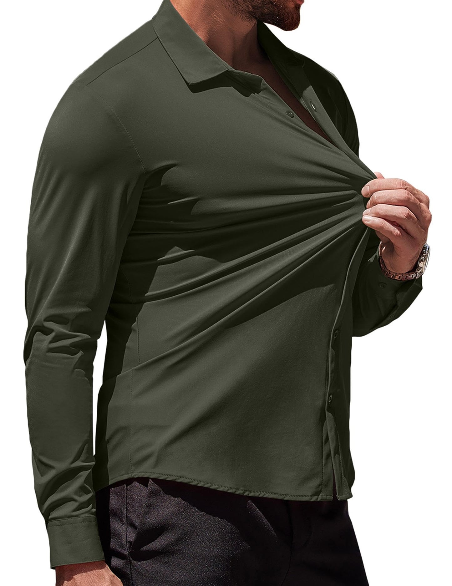 COOFANDY Men's Button Down Shirt Casual Dress Shirts Wrinkle Free Muscle Fitted Shirt Olive Green