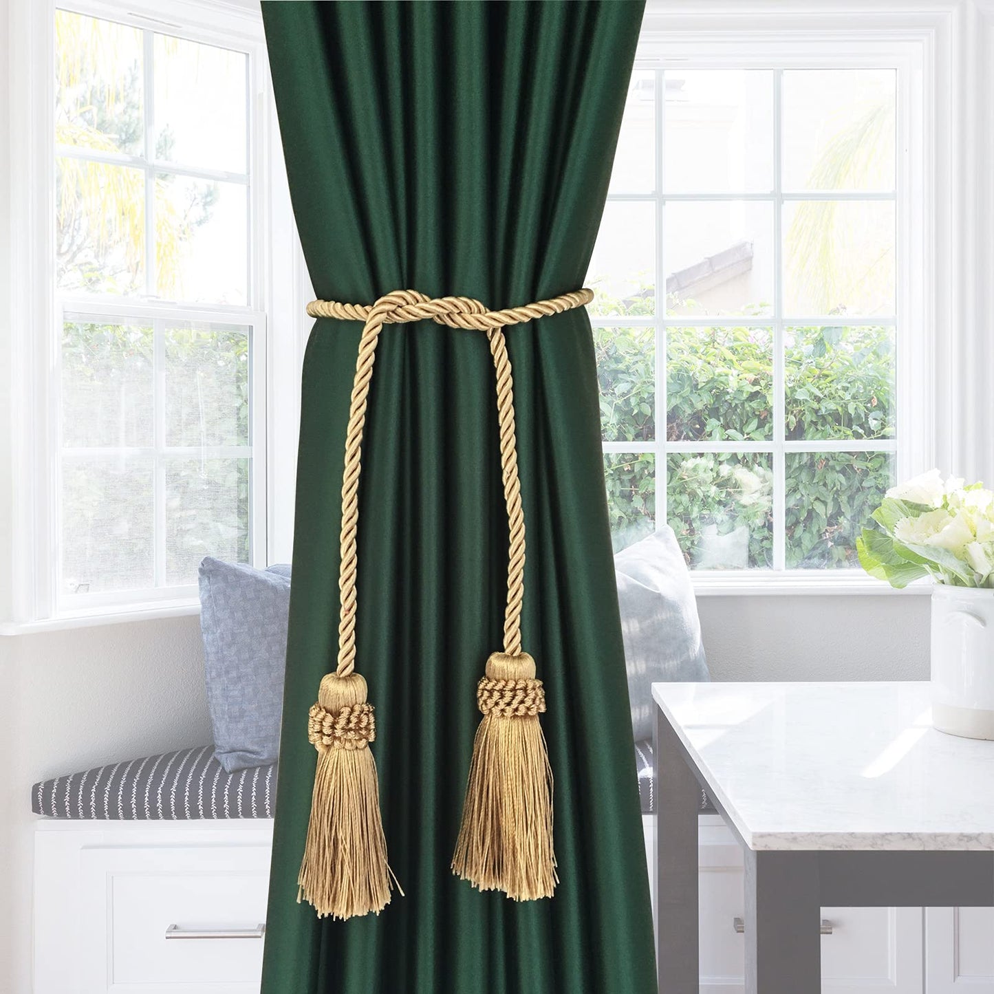 Fenghuangwu Curtain Tiebacks Handmade Decorative Curtain Holdbacks Rope with Tassel (Gold, 2P)