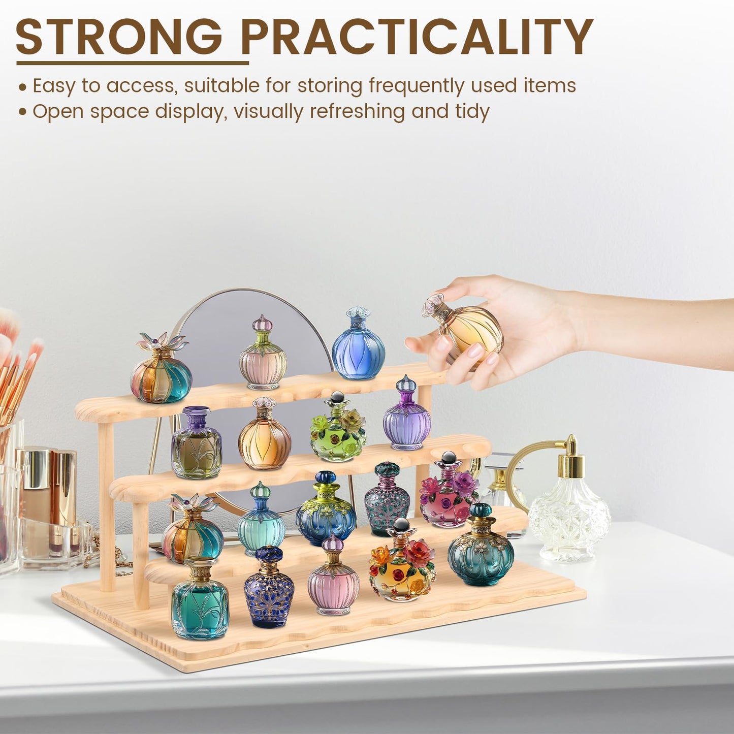 HJJWNDDNG Wooden Display Riser Stand 4 Tier Perfume Display Riser Stand, Cupcake Displays Shelf Organizer for Bedroom Bathroom Dressing Table(Log color,Four floors)