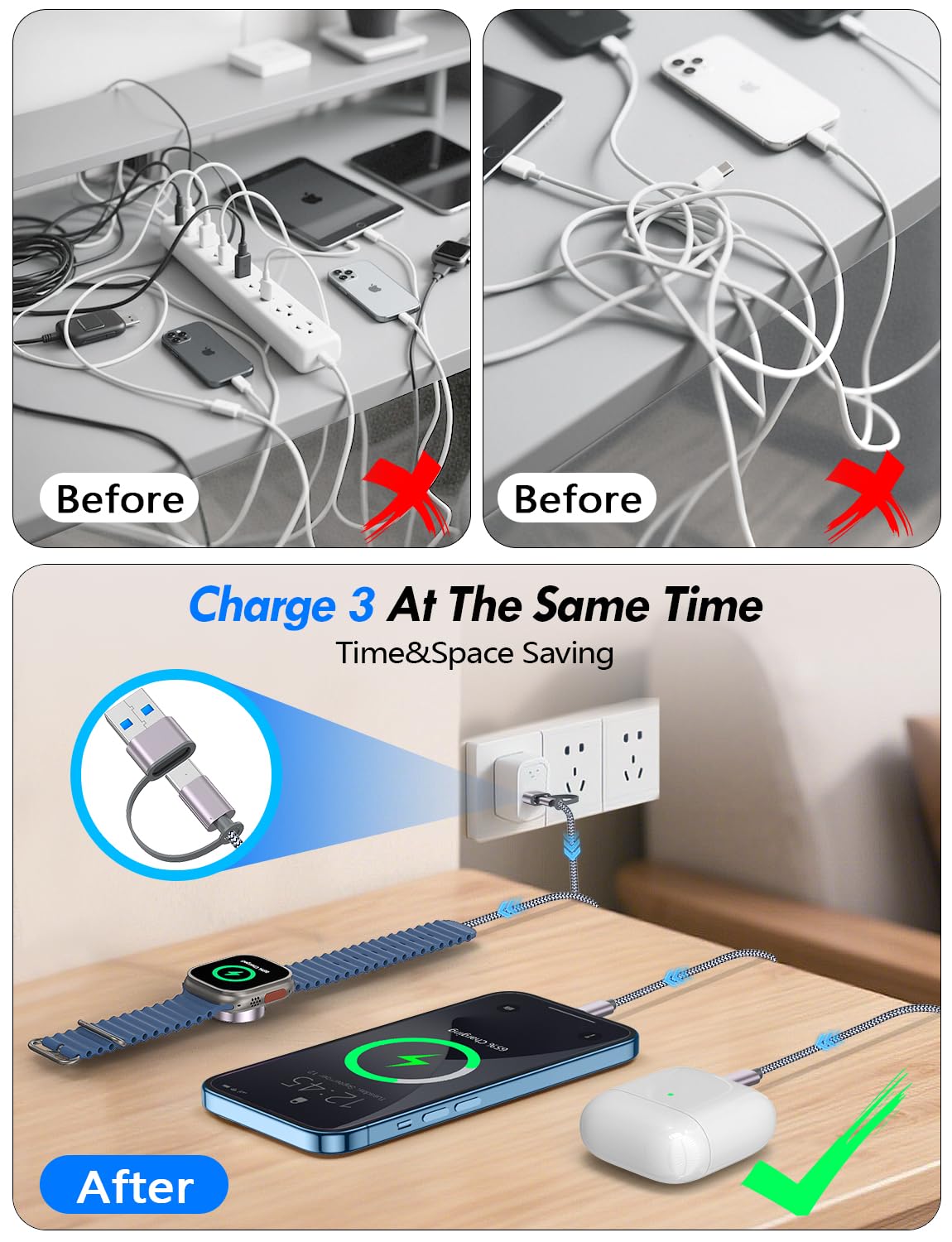 2Pack Multi Fast Charging Cable for Travel Essentials,Apple Watch Charger,iPhone Charger[3-in-2] USB A/Type C/Lightning Cable for iWatch Ultra/SE/10-2,iPhone 16-11,Galaxy S25-21,Airpods,iPad,Car-4FT