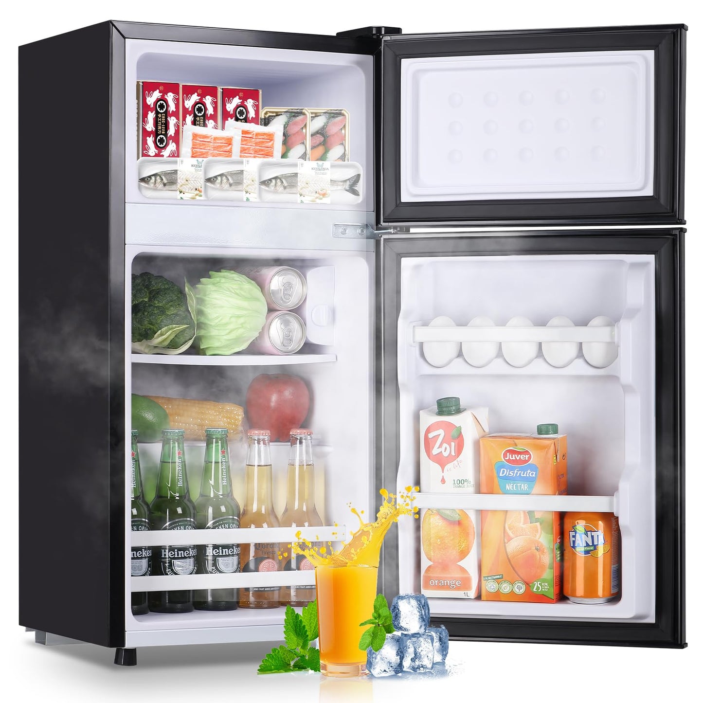 DEMULLER 2.4 Cu.ft Mini Fridge with Double Doors Small Refrigerator with Separate Freezer & 7 Adjustable Temperature Control, Tiny Size & Personal Fridge Ideal for Office Apartment Dorm Black