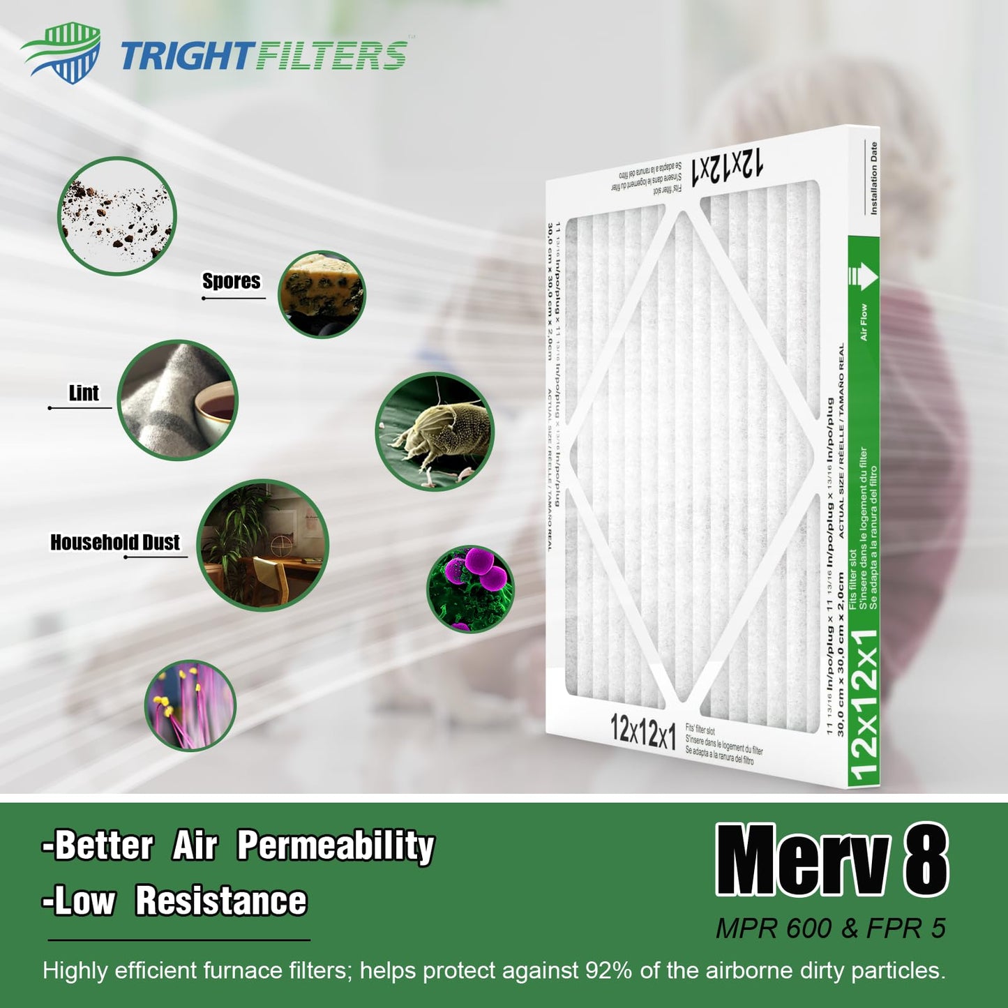TRIGHTFILTERS 12x12x1 Air Filter 6 Pack, Durable MERV 8 Pleated Home HVAC AC Furnace Filters, Lightweight Compact Air Conditioner Filter Replacement