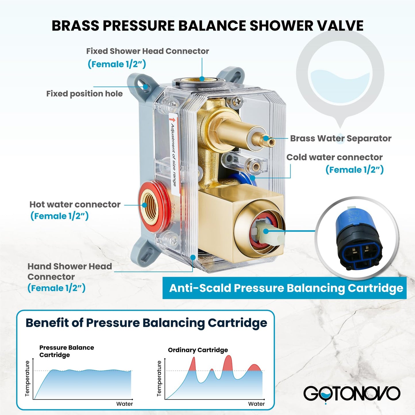 gotonovo Rainfall Bathroom Shower System Rain Shower Head and Handle Set Wall Mounted Shower Complete Combo Solid Brass Pressure Balancing Shower Mixer Valve 10 Inch Brushed Gold