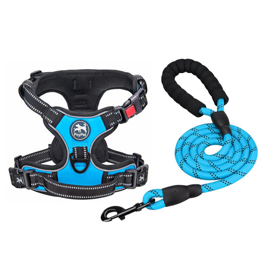 PoyPet Dog Harness and Leash Combo, Escape Proof No Pull Vest Harness, with 5 Feet Leash, Reflective Adjustable Soft Padded Pet Harness with Handle for Small to Large Dogs(Blue,M)