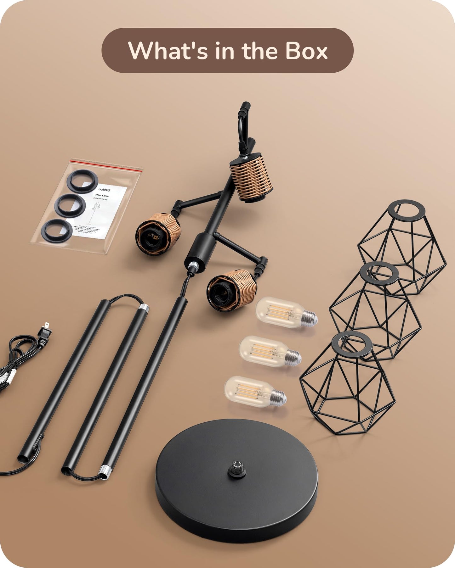 EDISHINE Dimmable Industrial Floor Lamp, Farmhouse Standing Lamp for Living Room, Diamond-Shaped Cage, Corner Rustic Rattan Reading Lamps for Bedroom, Office, Black