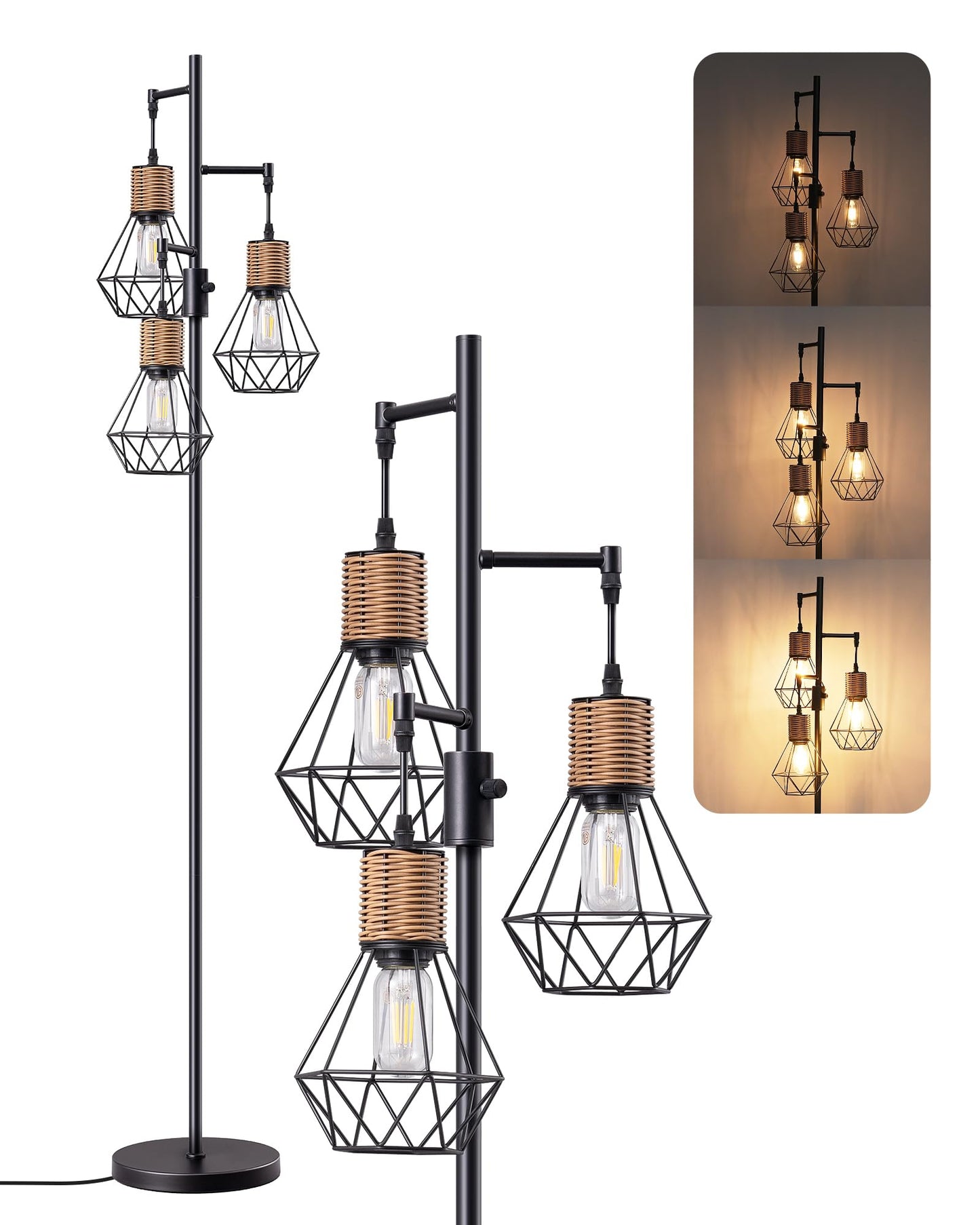 EDISHINE Dimmable Industrial Floor Lamp, Farmhouse Standing Lamp for Living Room, Diamond-Shaped Cage, Corner Rustic Rattan Reading Lamps for Bedroom, Office, Black