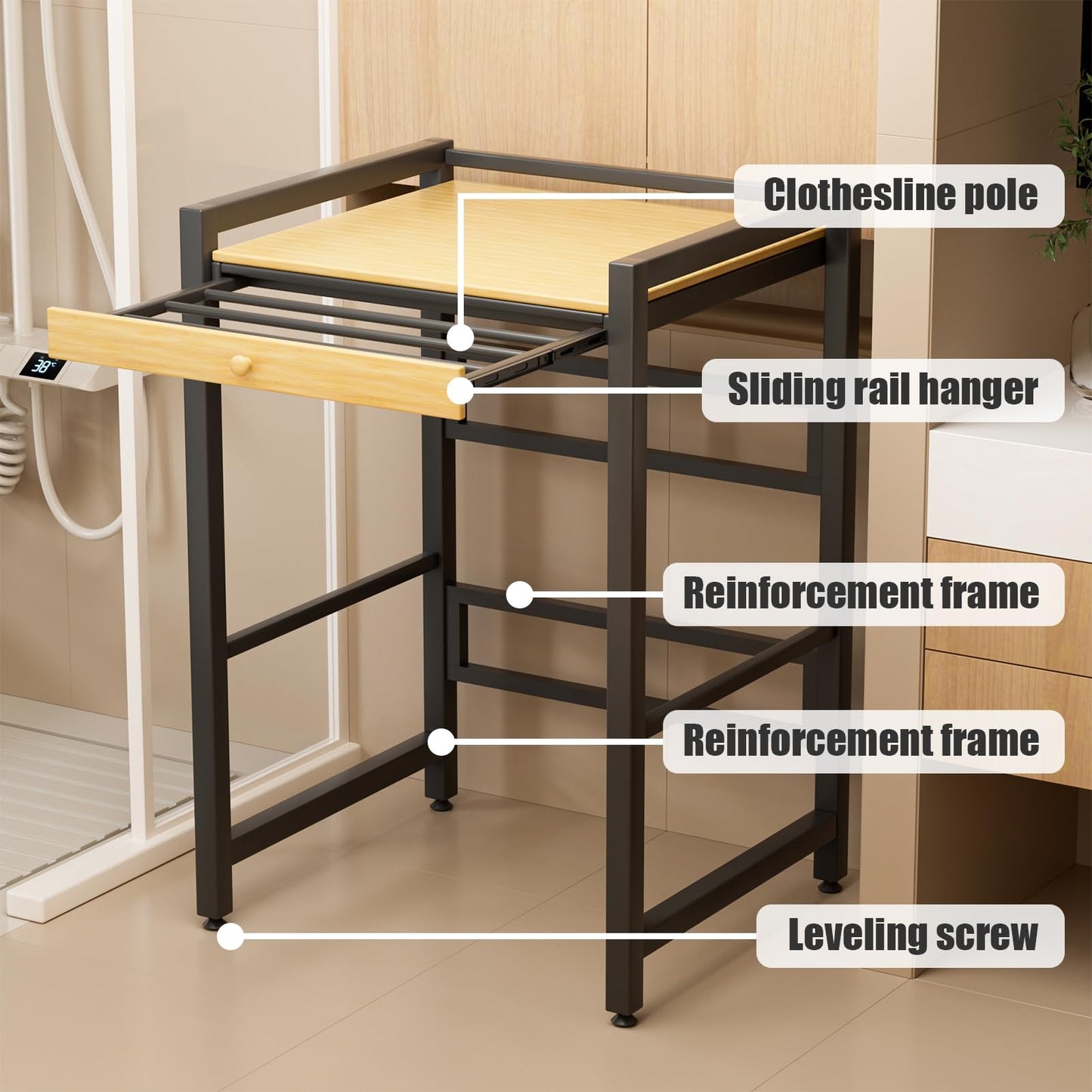 feneihe Laundry Room Shelves, Laundry Shelf with Countertop, Height Adjustable Drying Rack Clothing, Drying Rack Clothing, Space Saving Washing Machine Storage Stand for Bathroom Wooden Color