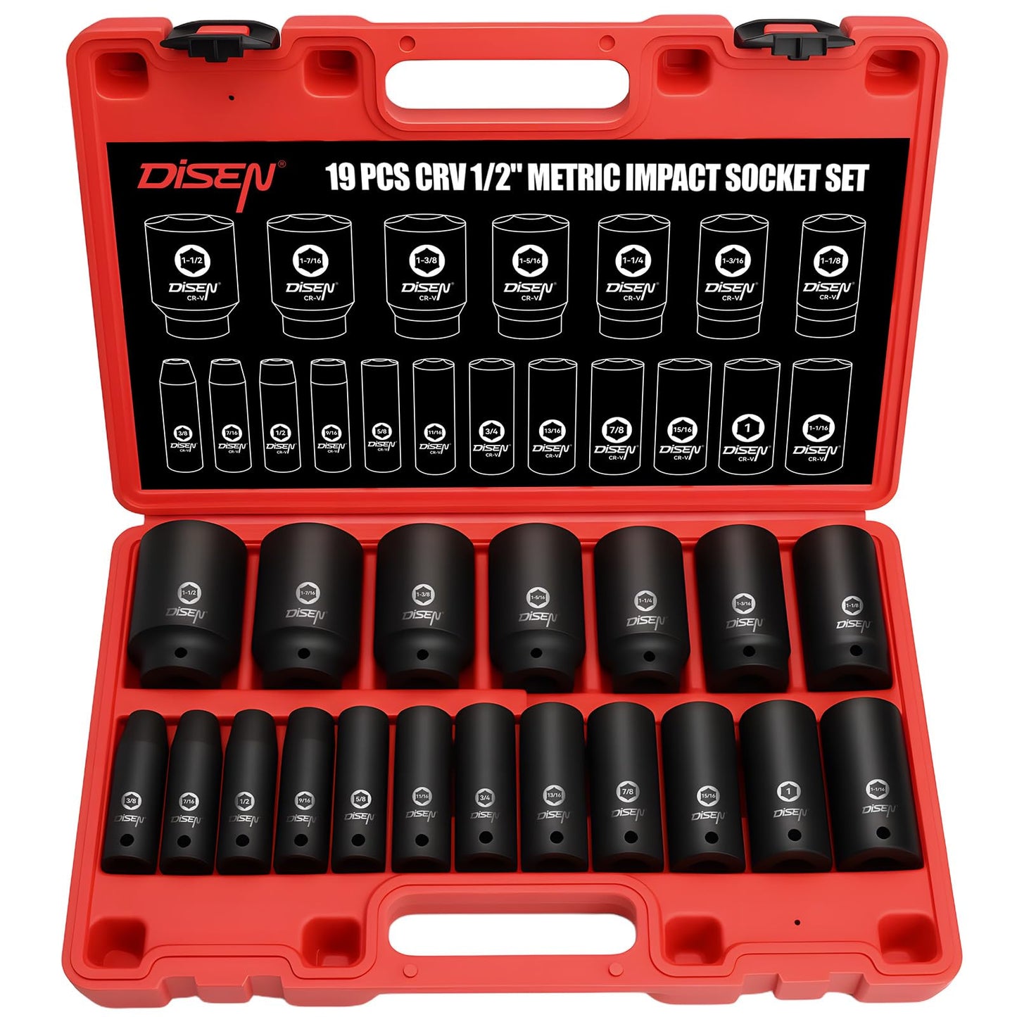 DISEN 19Pcs 1/2" SAE Impact Socket Set, Deep Sockets 3/8"- 1-1/2", 6-Point Cr-V & Alloy Steel, 1/2 Inches Drive Impact Socket Set,Rugged Construction, Enhanced Storage Case