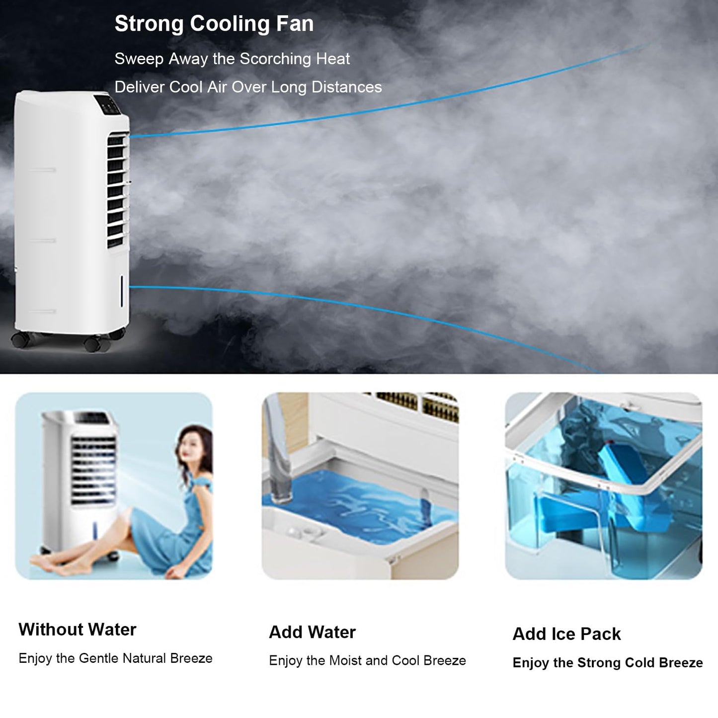 Swamp Cooler Portable, Evaporative Air Cooler, Cooling Fan with 1.6 Gallon Water Tank, Remote Control, 3 Speed 3 Modes, 4 Ice Packs, Cool Down the Room, 29 in