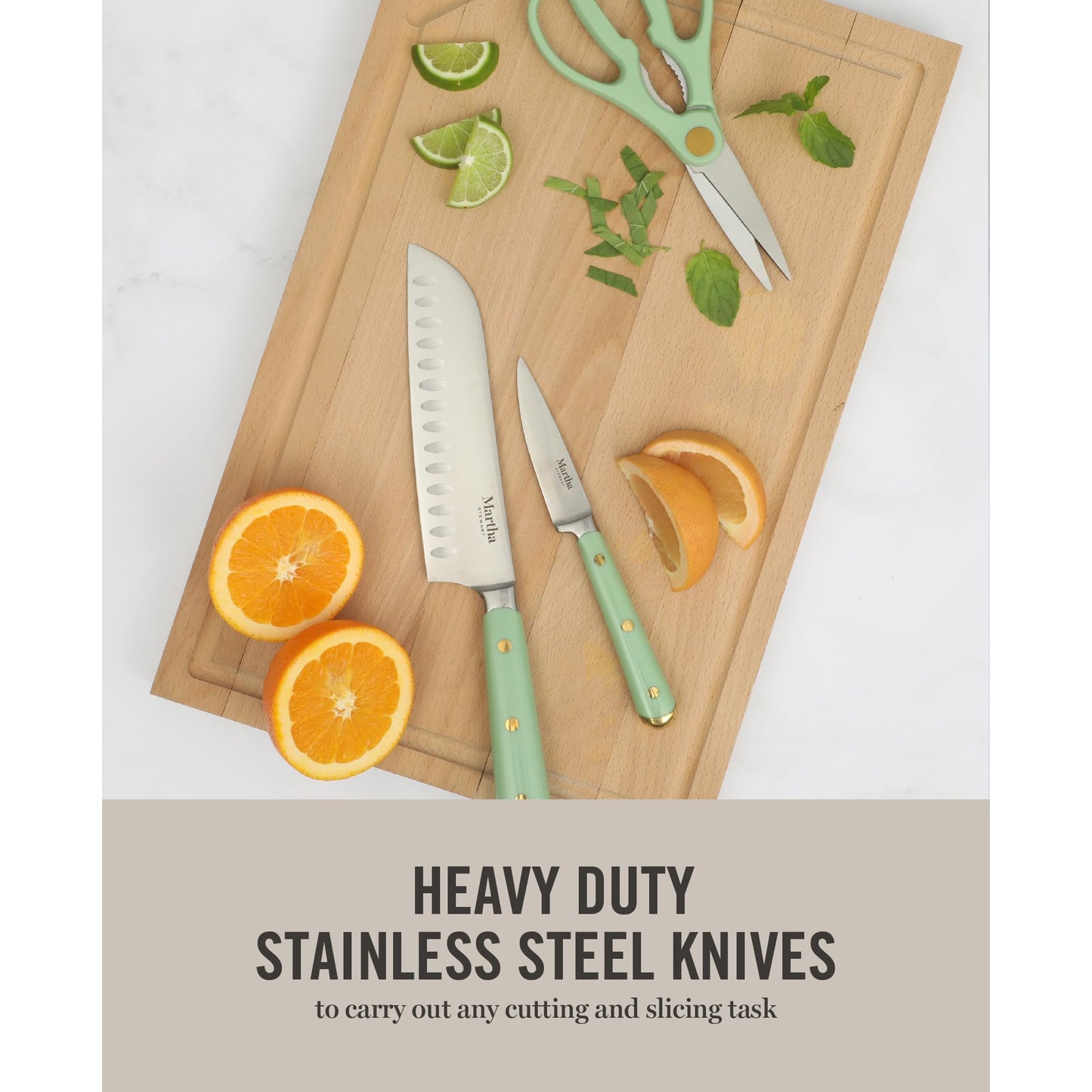 Martha Stewart 16 Piece Lockton High Carbon Stainless Steel Cutlery Kitchen Knife Block Set W/ABS Tripe Riveted Forged Handle Acacia Wood Block - Sage Green W/Gold