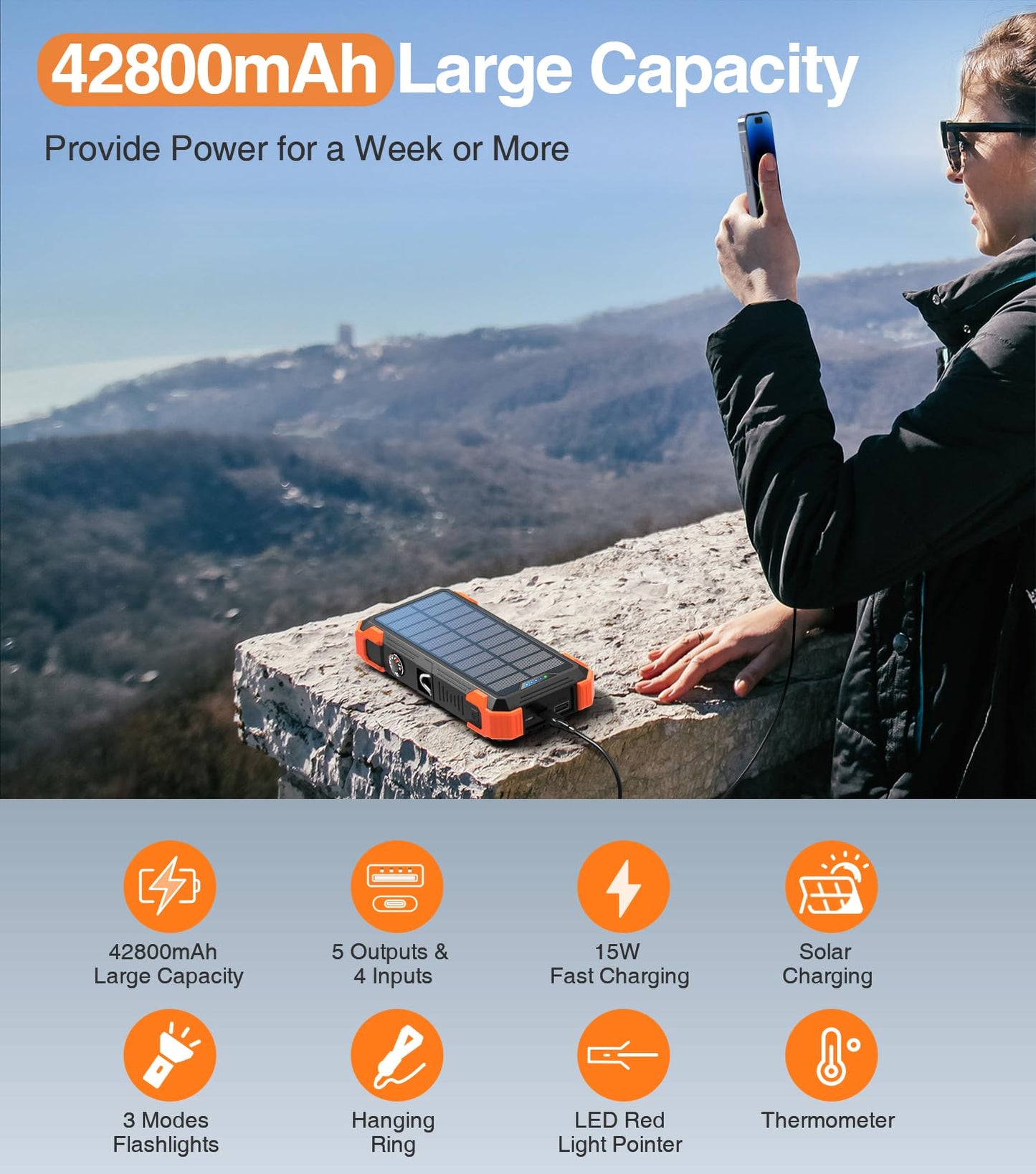 GOODaaa Portable Charger 42800mAh Built in 4 Cables and Thermometer 15W Fast Charging Power Bank Five Outputs Three Inputs Solar Charger Power Bank, SOS/Strobe/Strong Flashlights, Carabiner