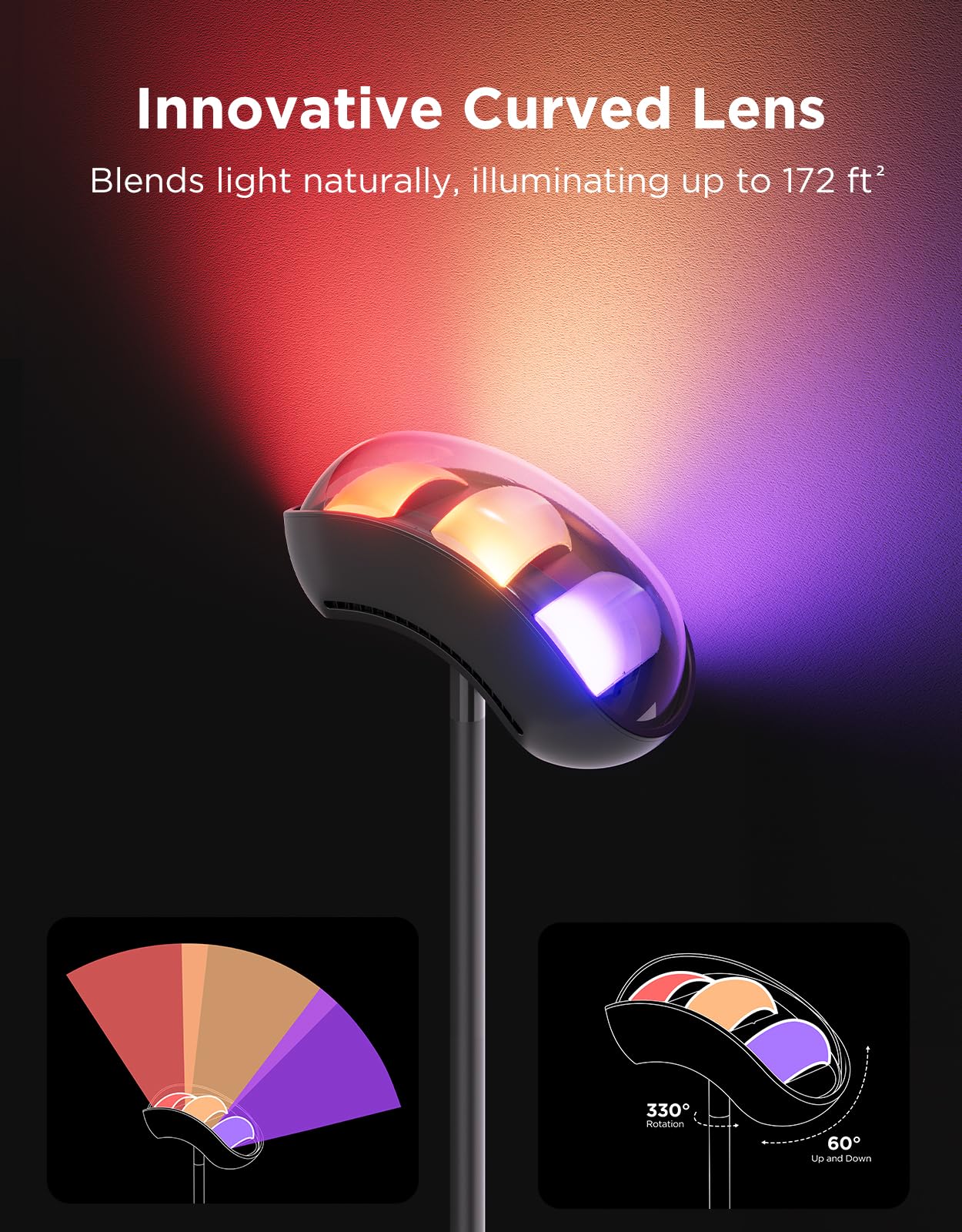 Govee Torchiere Floor Lamp with Matter, Alexa Compatible, RGBIC Warm Cool White Standing Lamp with 77 Scene Modes, Music Sync, 67" Modern Floor Lamps for Living Room Bedroom, Black, 172 ft² Light Area