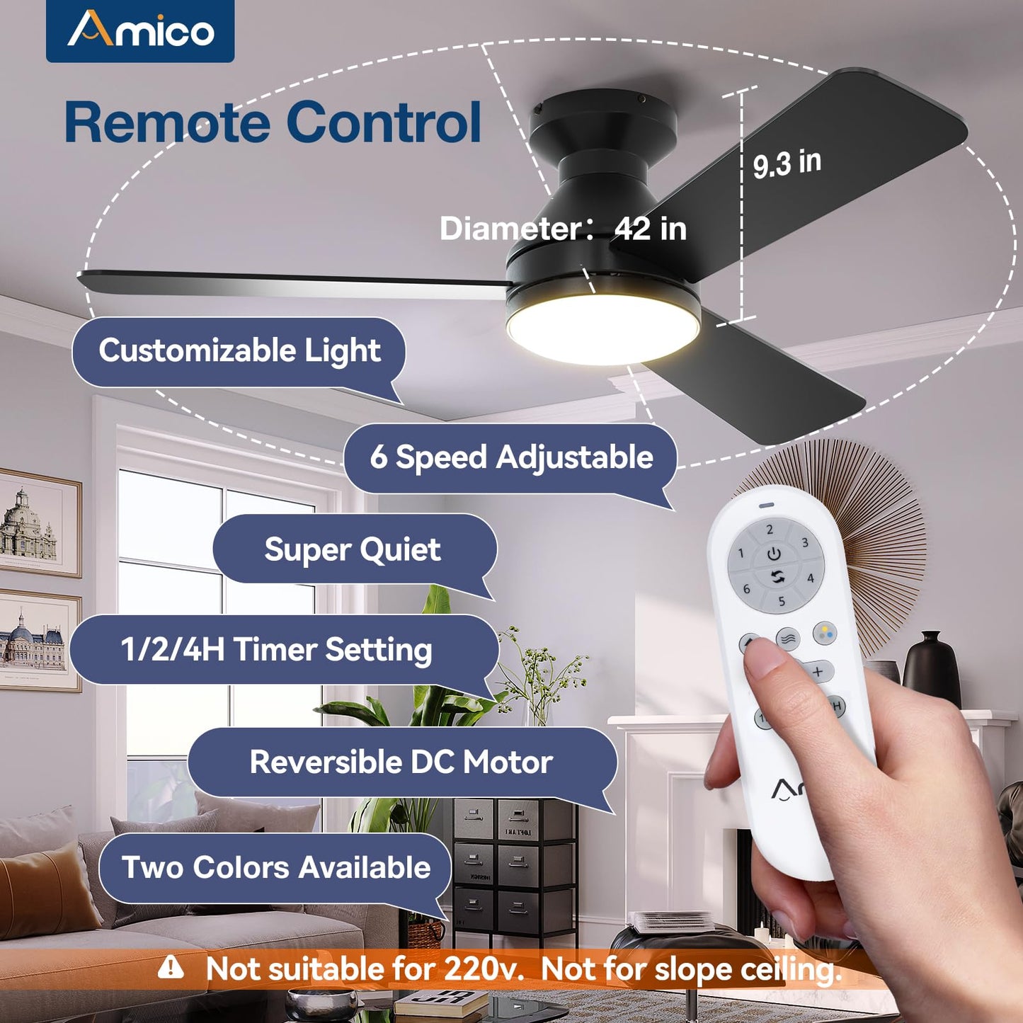 Amico Ceiling Fans with Lights, 42 inch Low Profile Ceiling Fan with Light and Remote Control, Flush Mount, Reversible, 3CCT, Dimmable, Noiseless, Black Ceiling Fan for Bedroom, Indoor/Outdoor Use