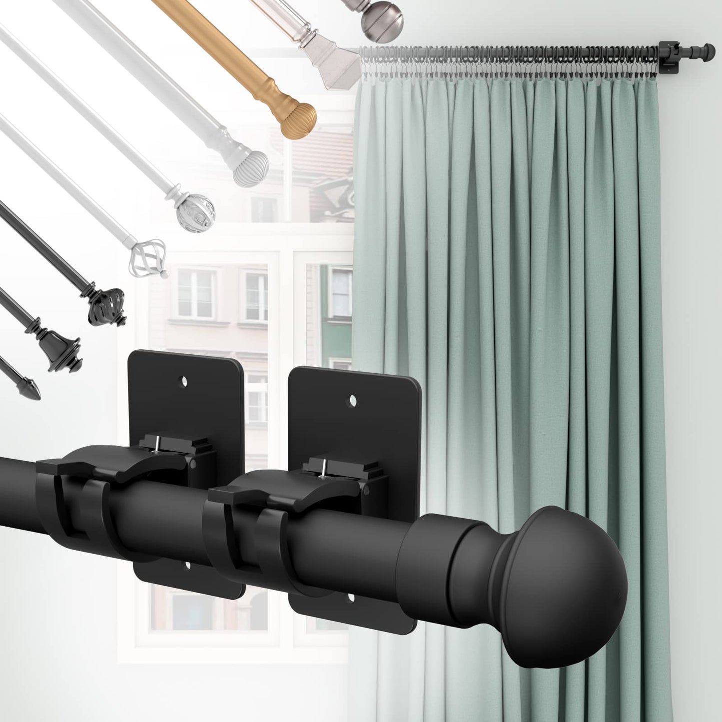 Wabboreq 4 Pieces Self Adhesive Curtain Rod Bracket, Universal Plastic Curtain Rod Holders, No Drill Curtain Rod Brackets Curtain Rod Hooks for Bathroom, Bedroom, Livingroom, Kitchen (Black)