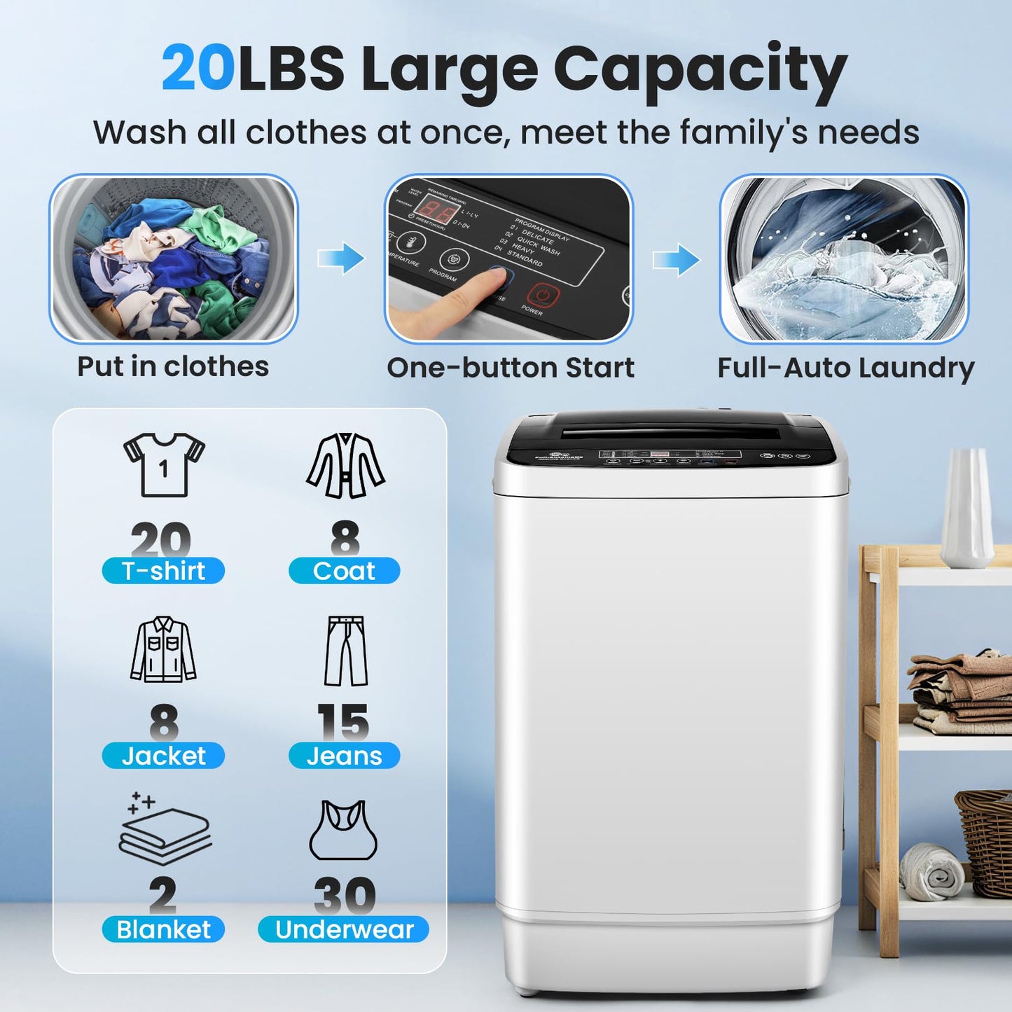 Nictemaw Portable Washing Machine 20Lbs, 2.8Cu.ft Full Automatic Portable Washer with 4 Water Levels 4 Wash Programs 3 Water Temp & Drain Pump, Compact Laundry Washer for Home, RV, Dorm