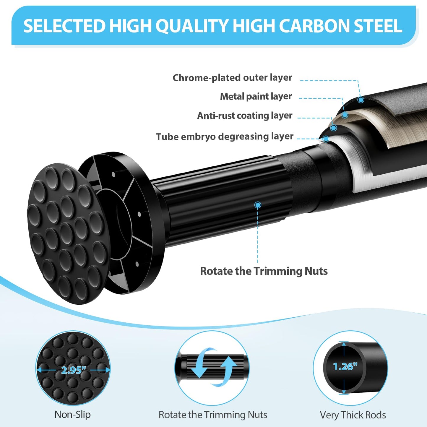 shower Curtain Rod 37-50 Inch,curtain rod No Drilling for Window or Bathroom, Outdoor Curtain Rods for Patio black Tension curtain Rod, Easy to Install, Never Rust, Rod Diameter 1.26 Inches