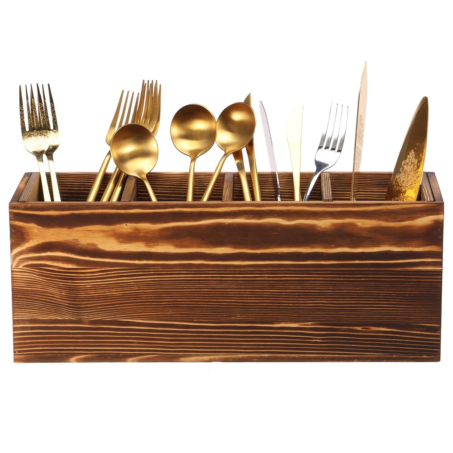 Tcwhniev Utensil Holder 4 Compartments, Wood Silverware Caddy with Removable Divider Reusable Utensil Caddy for Home Kitchen Countertop Party