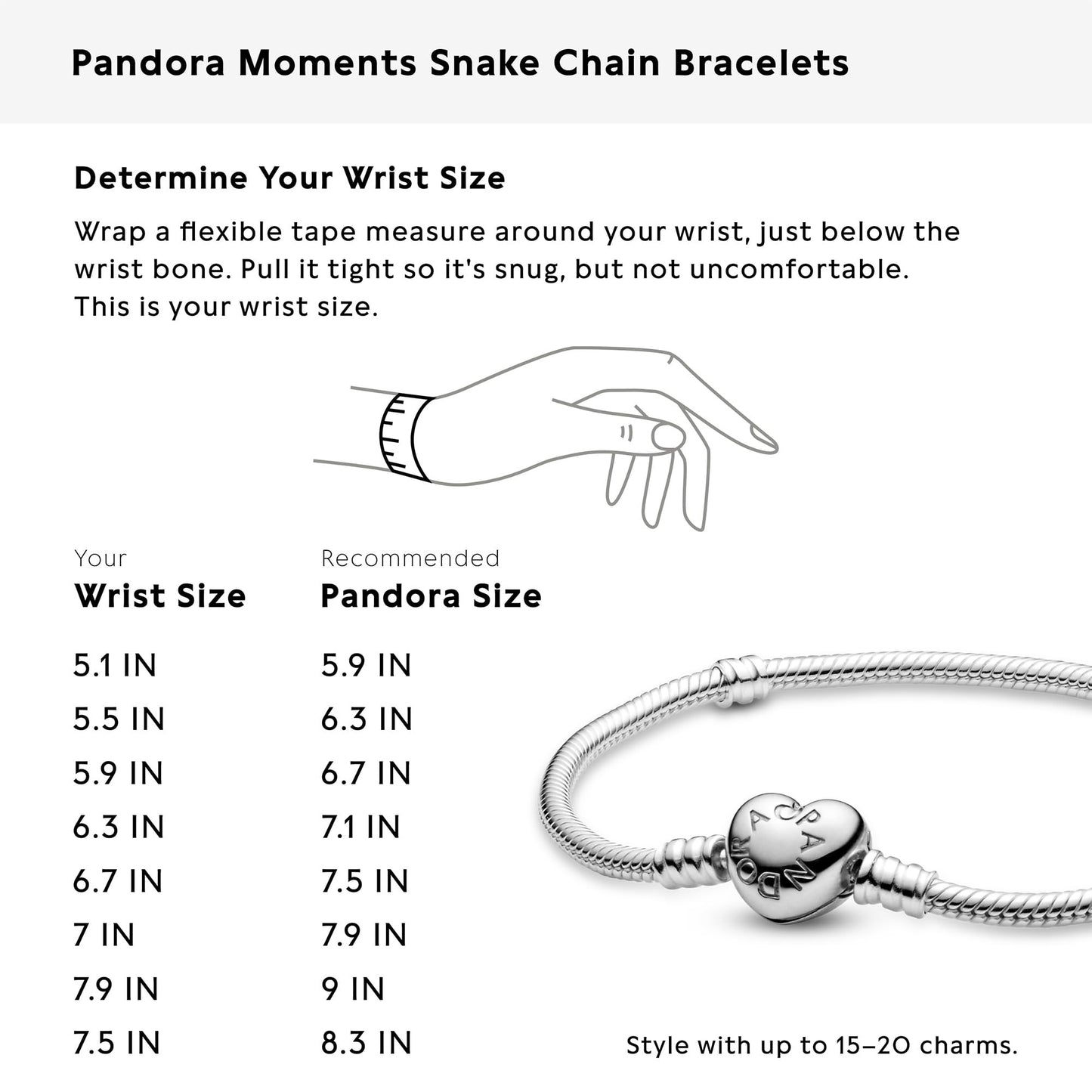PANDORA Moments Heart Clasp Snake Chain Bracelet - Compatible Moments Charms - Gift for Her - Sterling Silver Shine - With Gift Box - 7.1"