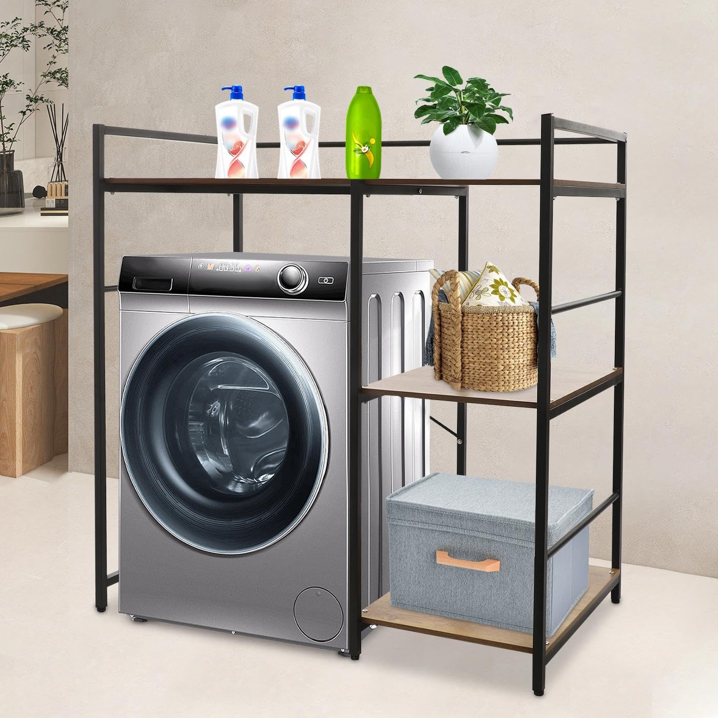 3 Tier Washing Machine Shelf, Over The Washer and Dryer Storage Shelves Space Saving Shelving Units Drying Organizer Stand with Side Racks for Laundry Room Apartment Bathroom (Black, Brown)