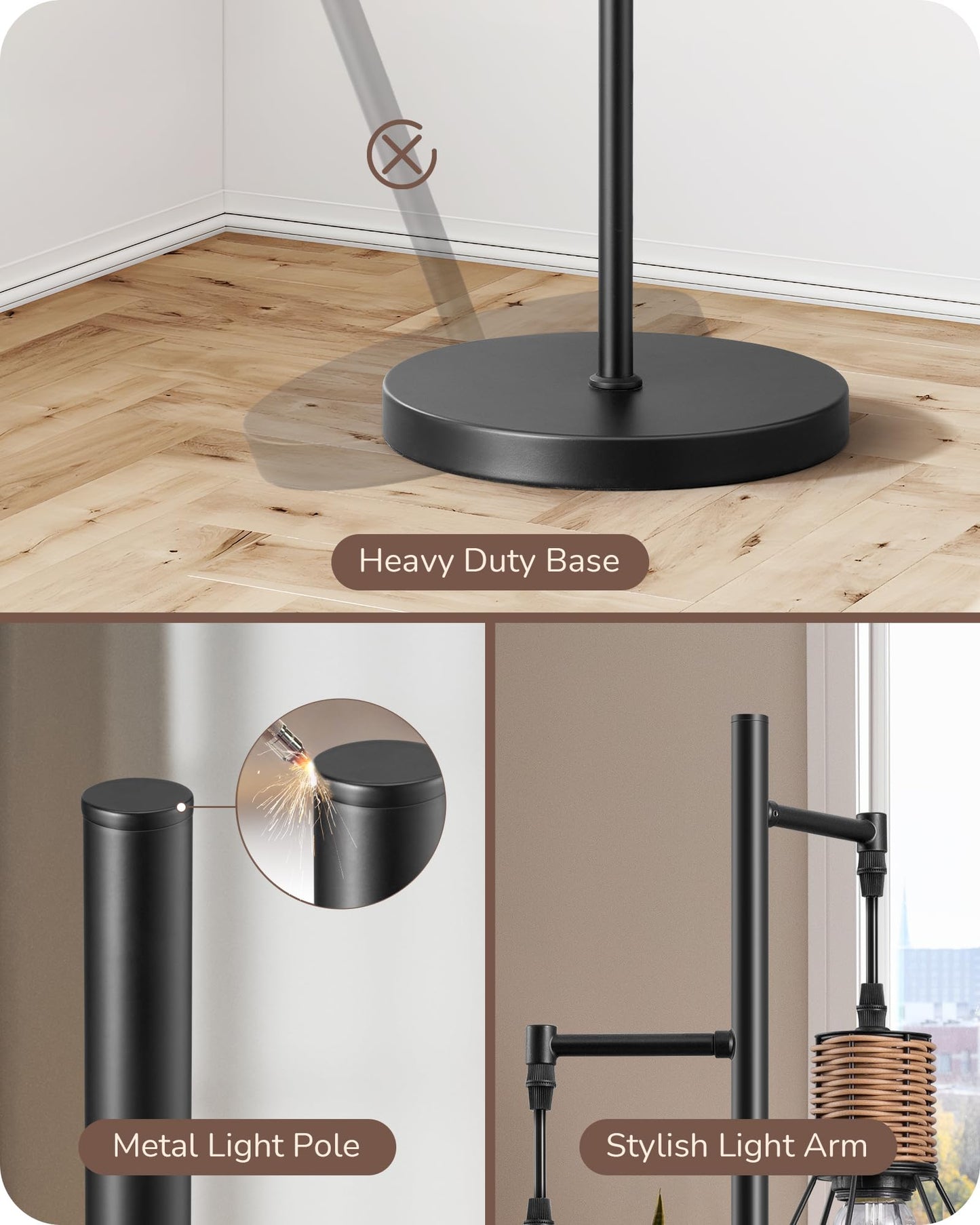 EDISHINE Dimmable Industrial Floor Lamp, Farmhouse Standing Lamp for Living Room, Diamond-Shaped Cage, Corner Rustic Rattan Reading Lamps for Bedroom, Office, Black