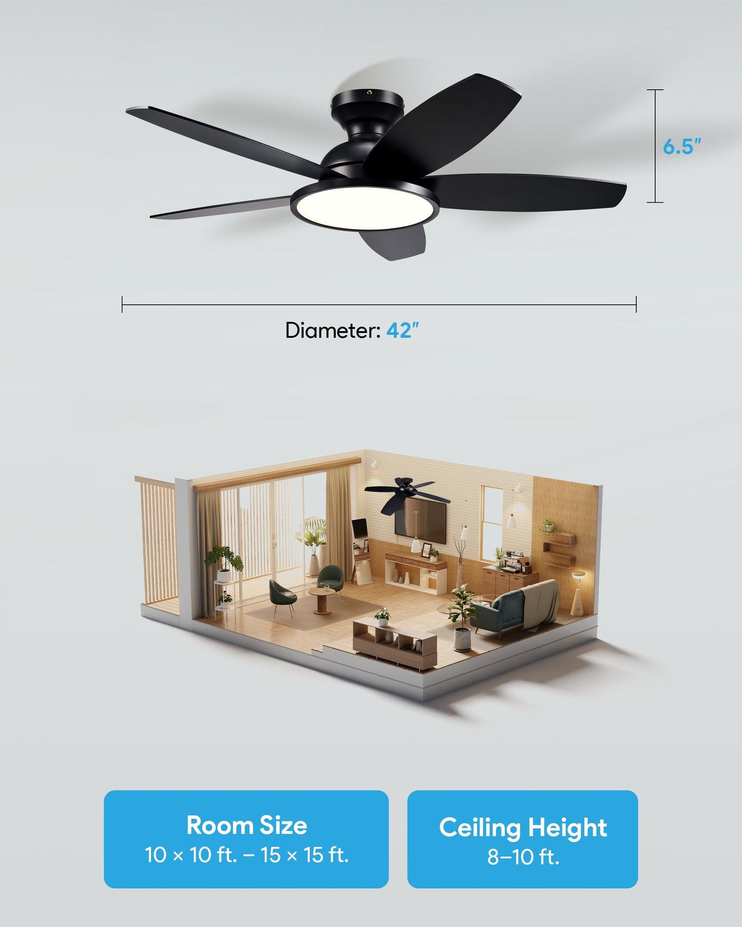 VONLUCE Ceiling Fans with Lights, 42 Inch Ceiling Fan and Remote, Full-spectrum LED Light, 3CCT, 6-Speeds Noiseless Reversible DC Motor, Modern Flush Mount Ceiling Fan for Farmhouse Bedroom Indoor