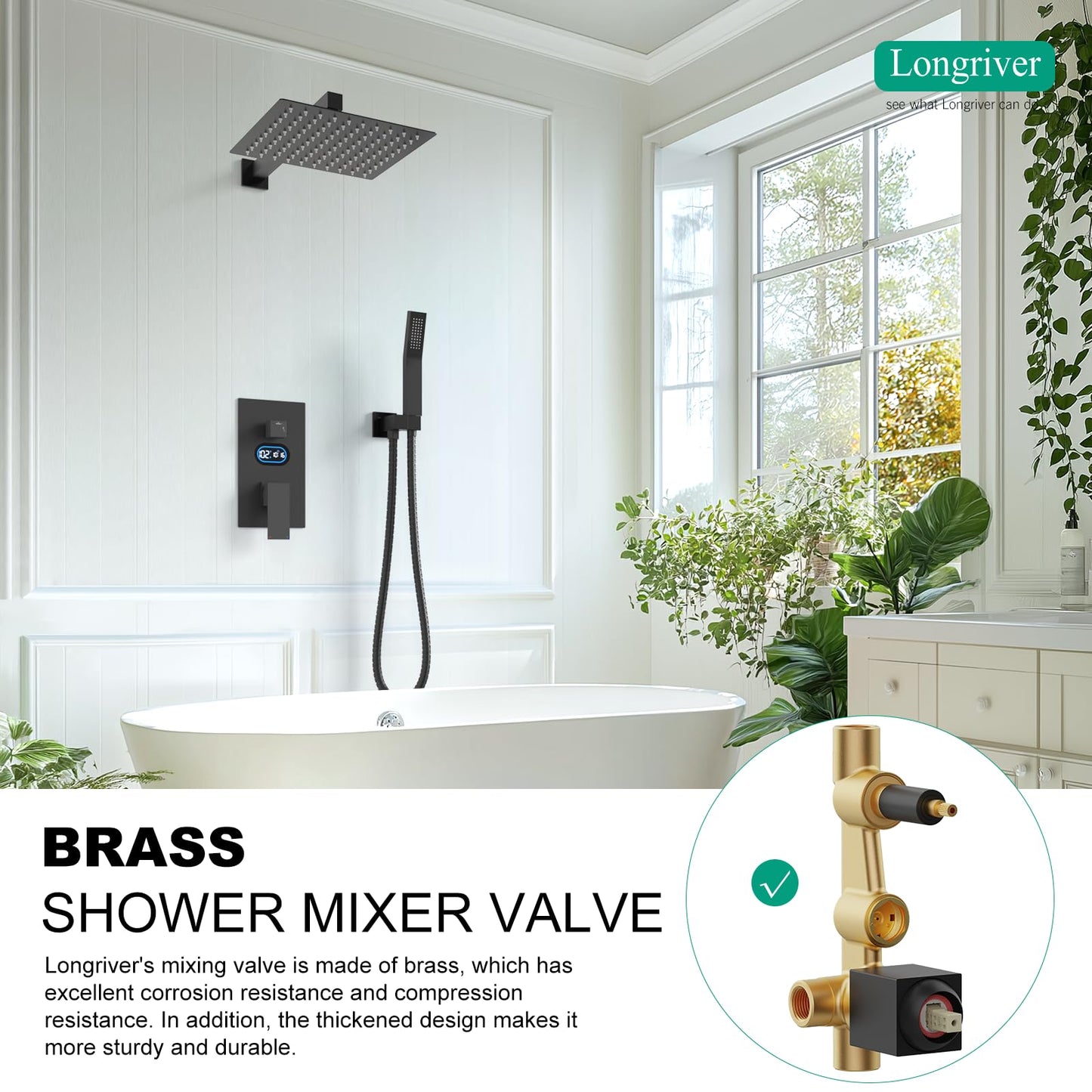 Shower Faucet Set with Hydro Power Temperature Display, Shower System Bathroom 10 Inches Shower Head with Handheld Spray, Wall Mounted Shower Fixtures with Shower Valve and Trim Kit, Matte Black