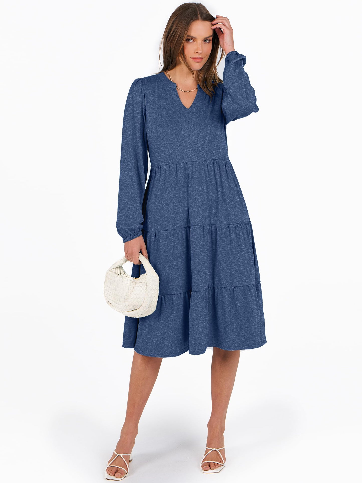ANRABESS Long Sleeve Midi Dresses for Women V Neck 2025 Fall Fashion Casual Loose Fit Flowy Swing Tiered Vacation Boho Dress Blue Small
