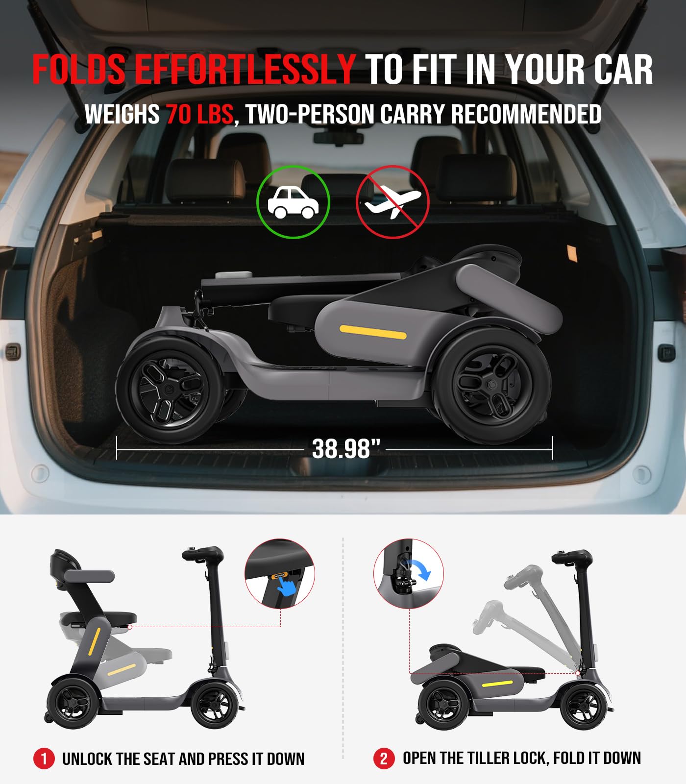 S3 Powered Mobility Scooter - 25 Miles Range, 6mph, 265lbs Loading, Lightweight Mobility Scooter for Seniors, Adults, Folding Motor Scooter with 4 Wheels for Outdoor Travel