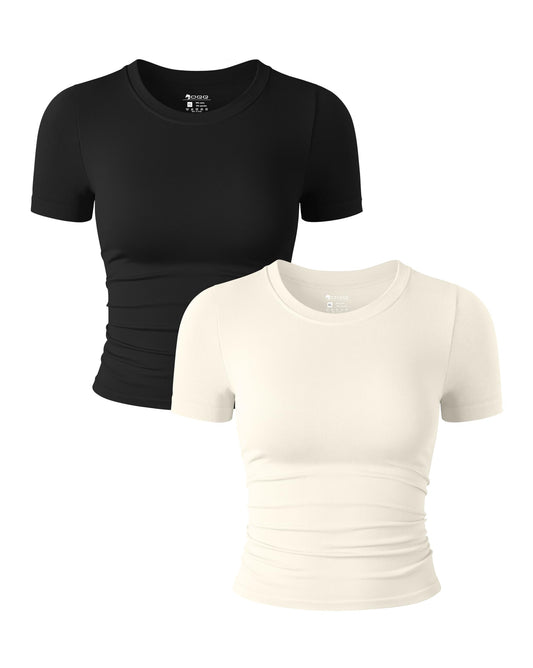 OQQ Womens 2 Piece Shirts Short Sleeve Crew Neck Ruched Stretch Fitted Tee Shirts Crop Tops Black Beige