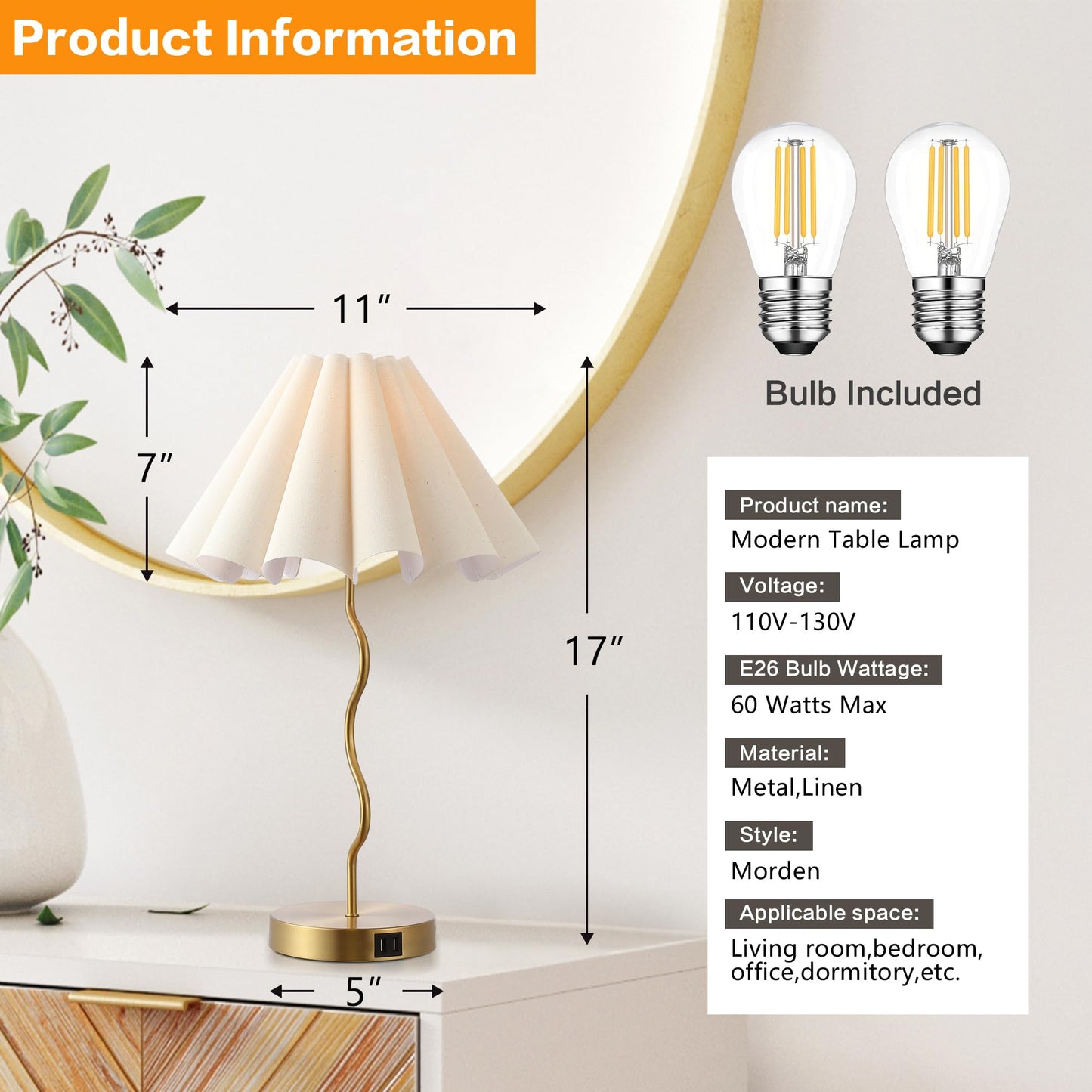 EOEYYOYB Pleated Table Lamp, Table Lamp for Bedroom, Bedside Lamps for Nightstand with Linen Lampshade, Modern Lamp for Bedroom Home Office Decor