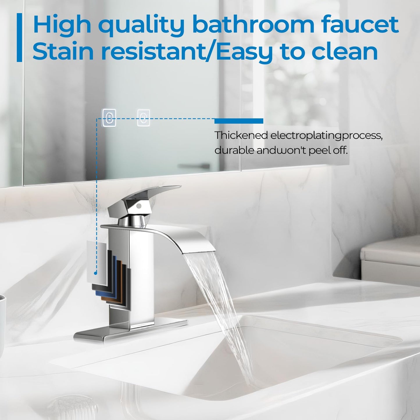 RNDIOZD Chrome Bathroom Faucets, Waterfall Bathroom Sink Faucet Modern Single Handle Bathroom Faucte 1 or 3 Hole, RV Mixer Tap Vanity Faucet - Includes Pop-up Drain Supply Hoses Deck Plate